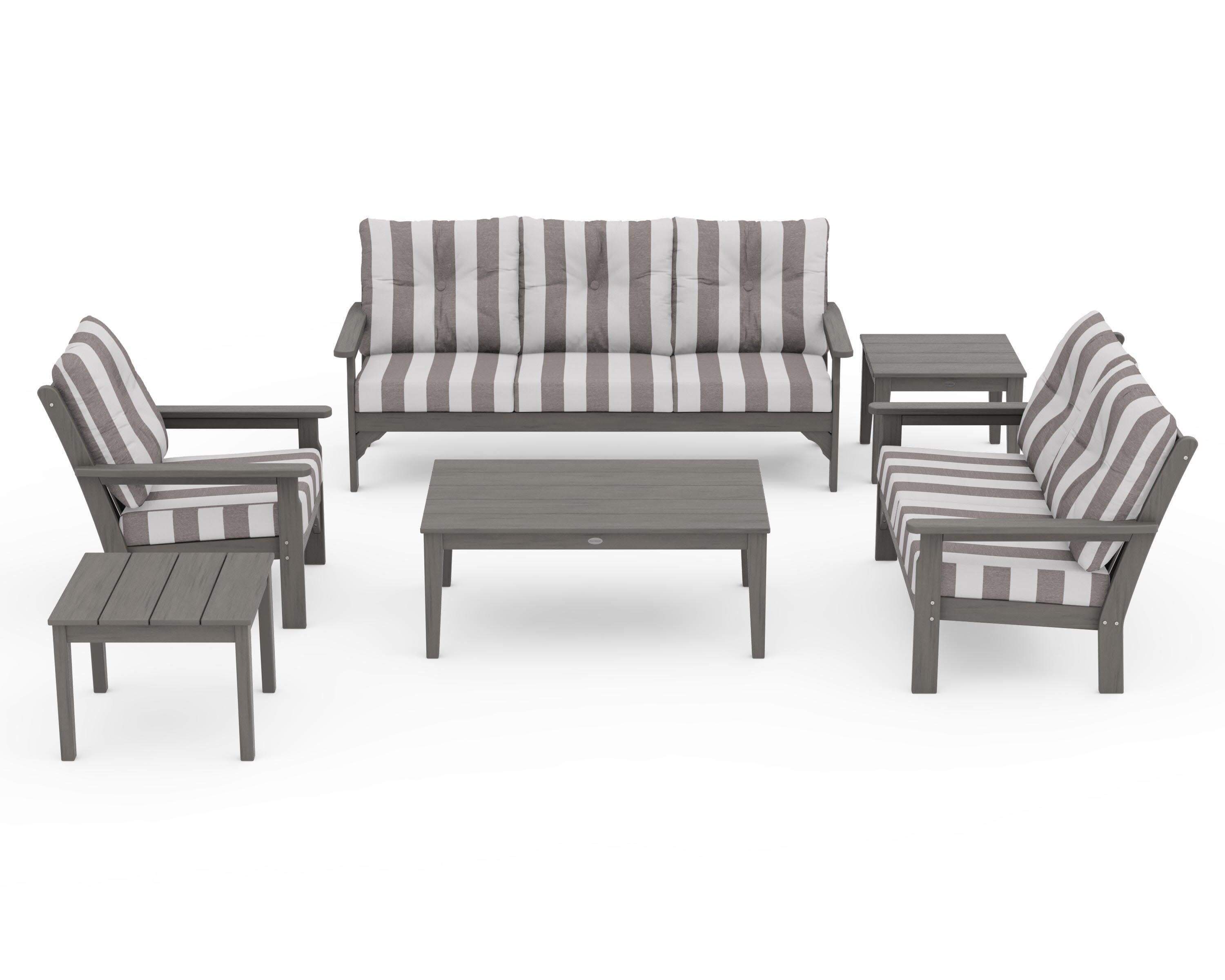 Vineyard 6-Piece Deep Seating Set in Driftwood / Cabana Stripe Grey Mist