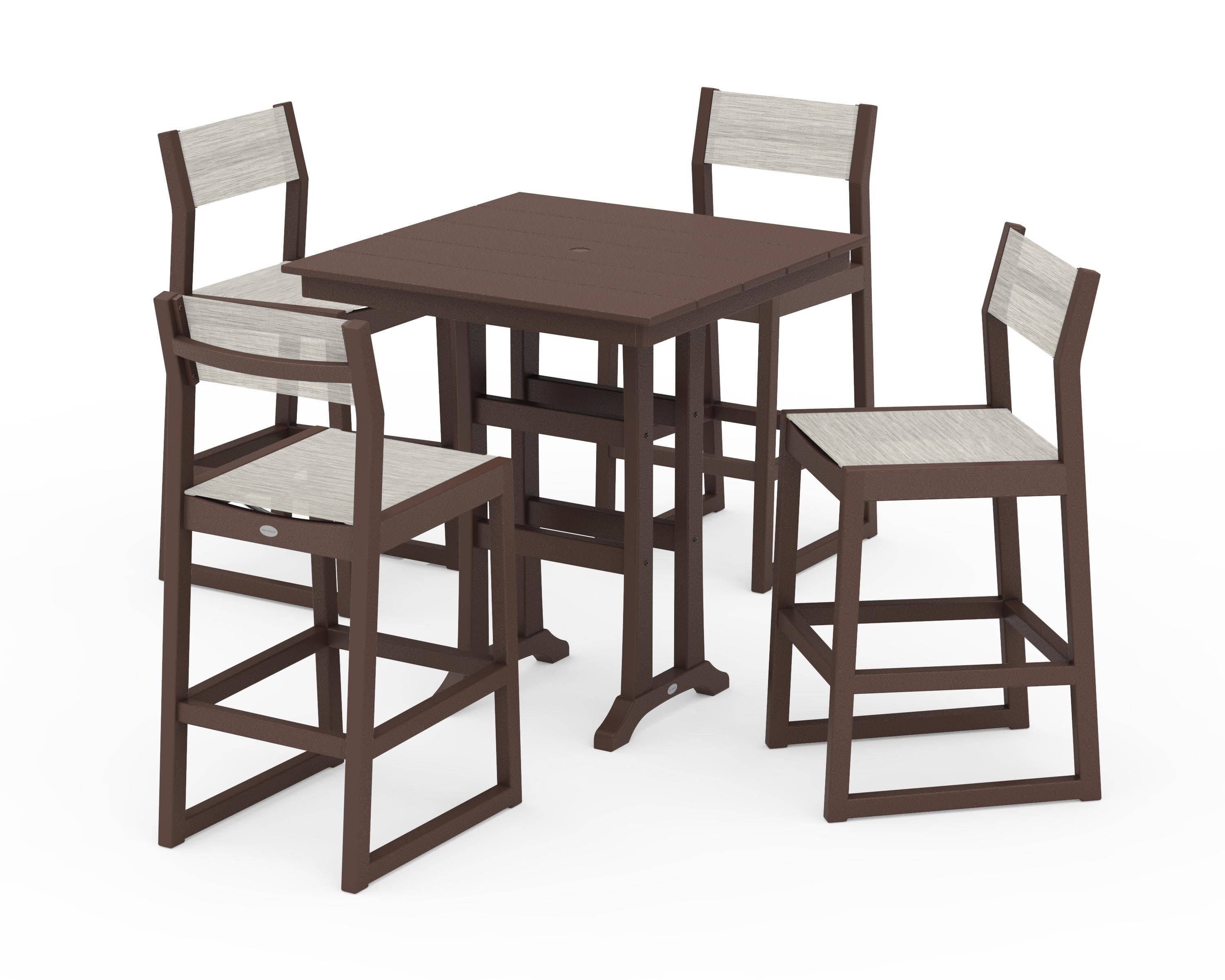 EDGE Sling Arm Chair 5-Piece Farmhouse Bar Set with Trestle Legs in Mahogany / Birch Sling