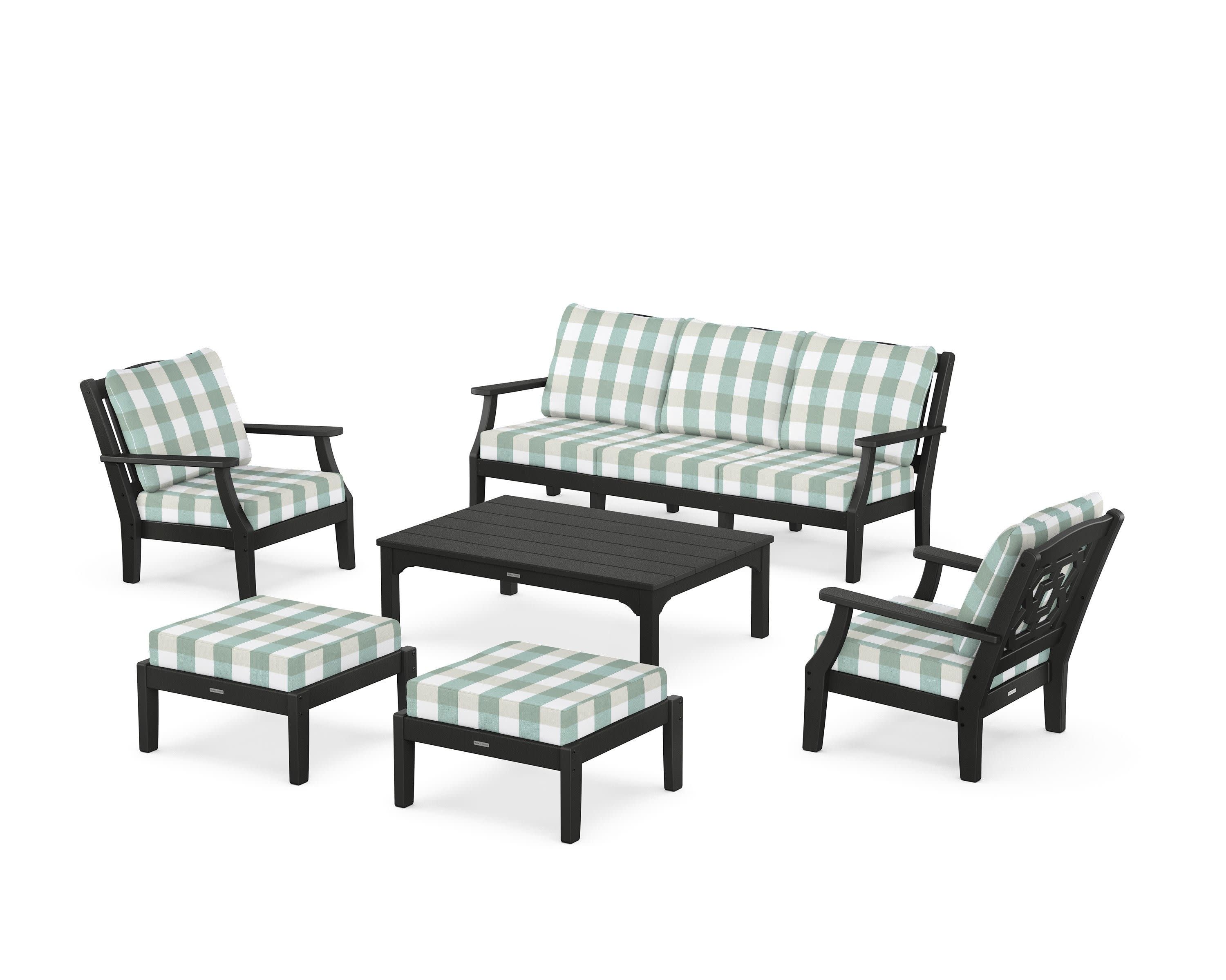 Chinoiserie 6-Piece Lounge Sofa Set in Black / Buffalo Plaid Glacier Spa