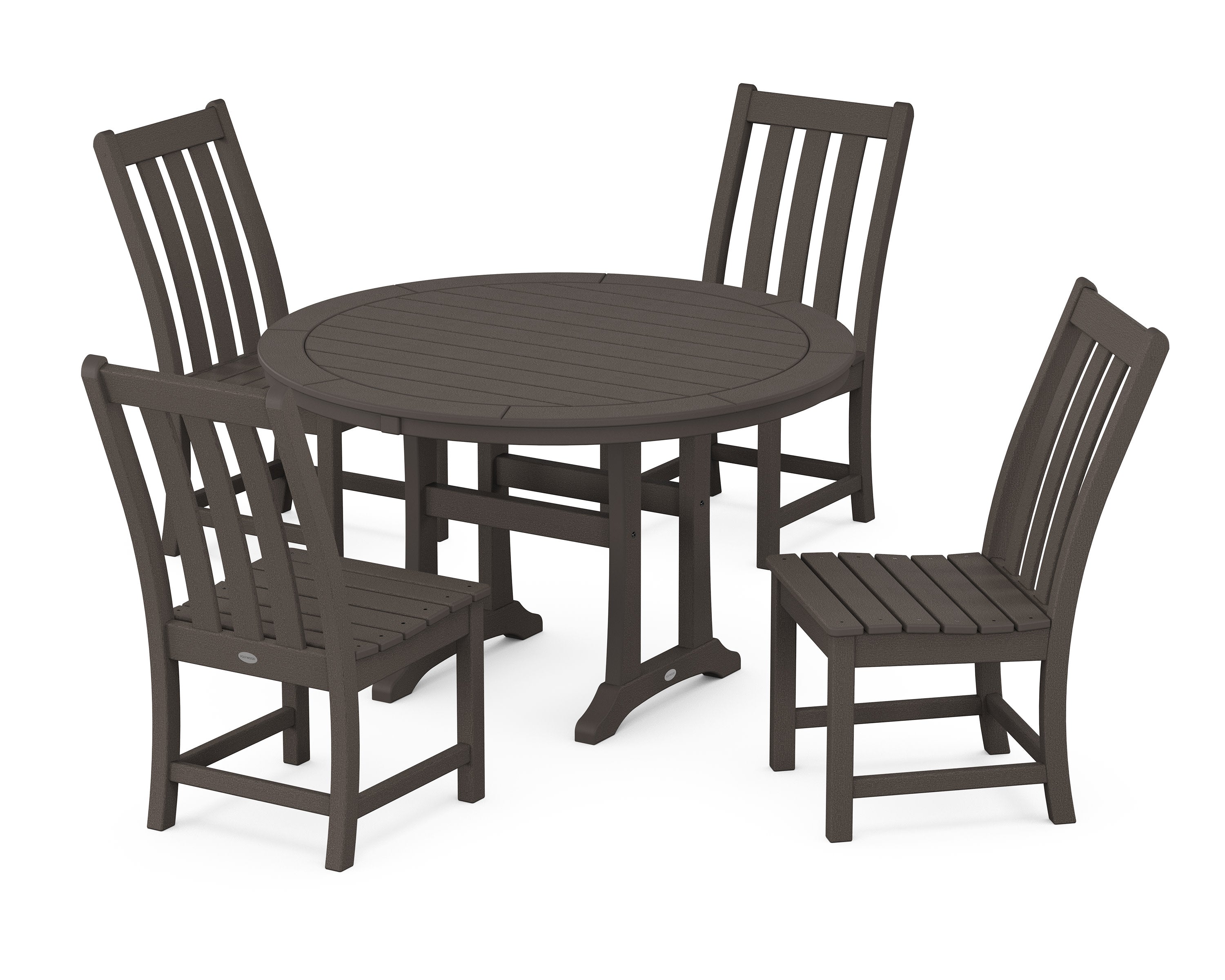 Vineyard Side Chair 5-Piece Round Dining Set With Trestle Legs in Vintage Coffee