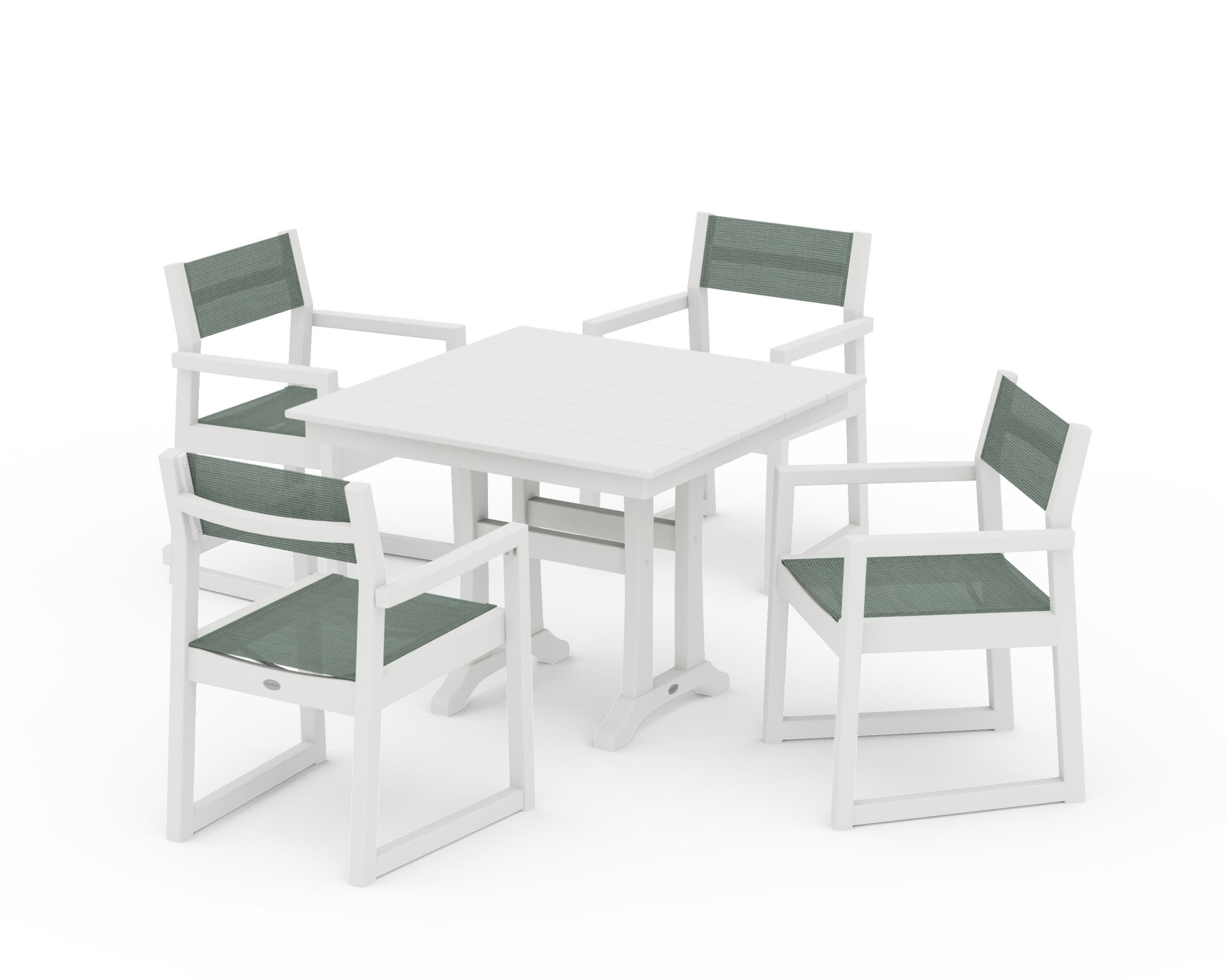 EDGE Sling 5-Piece Farmhouse Dining Set with Trestle Legs in Vintage White / Dupioni Sea Mist Sling