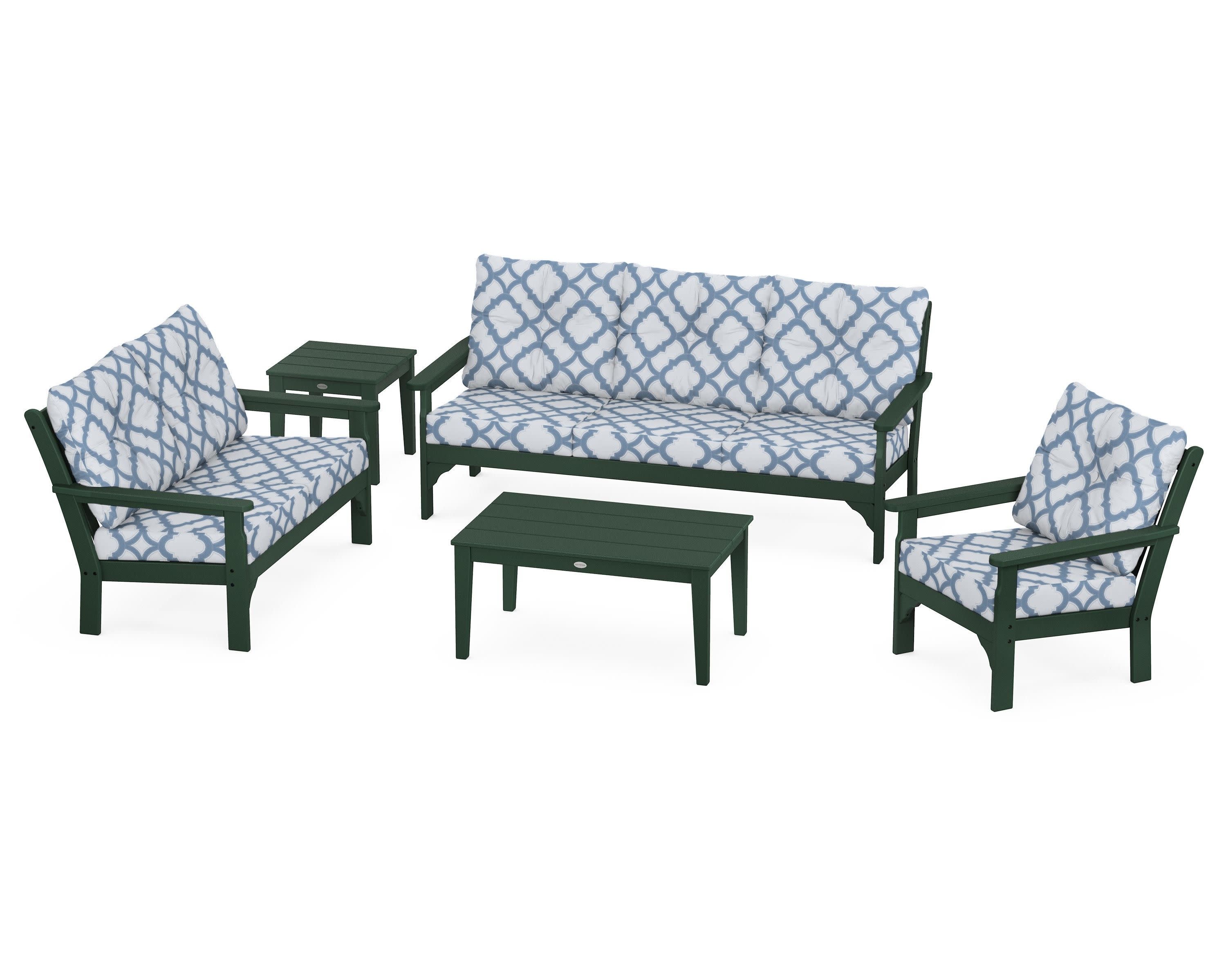 Vineyard 5 Piece Deep Seating Set in Green / Trellis Sky Blue