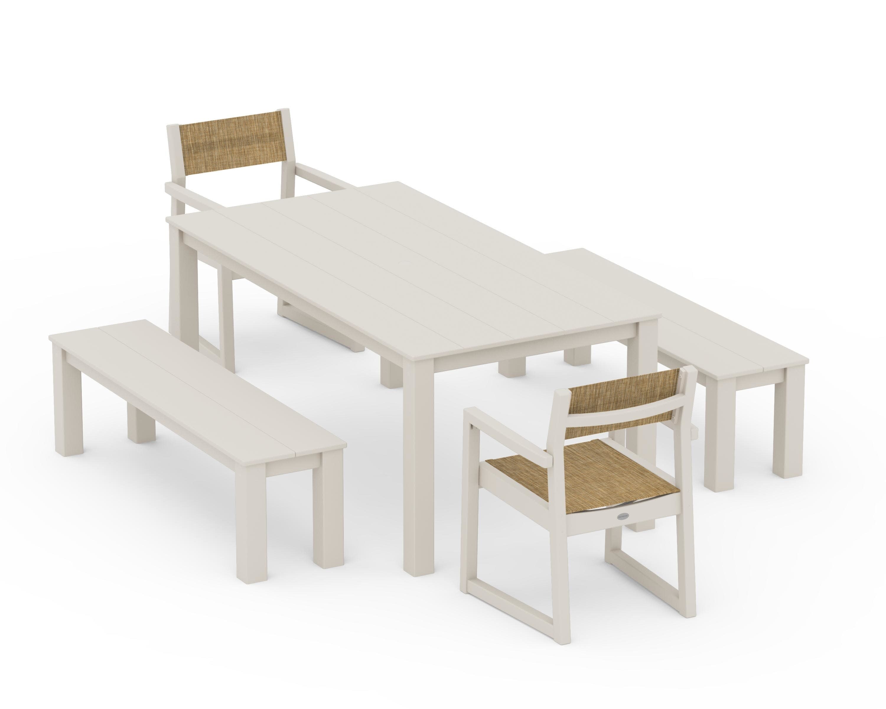 EDGE Sling Arm Chair 5-Piece Parsons Dining Set with Benches in Sand / Burlap Sling