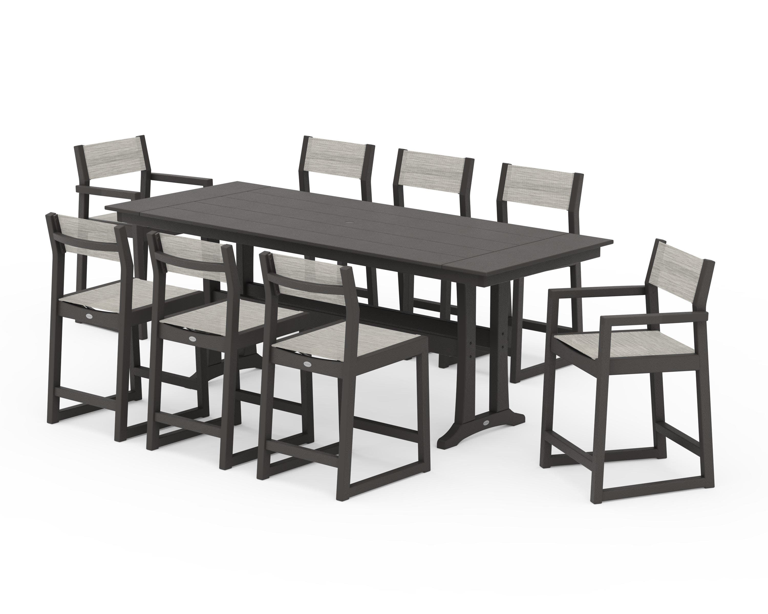 EDGE Sling 9-Piece Farmhouse Counter Set with Trestle Legs in Vintage Coffee / Birch Sling