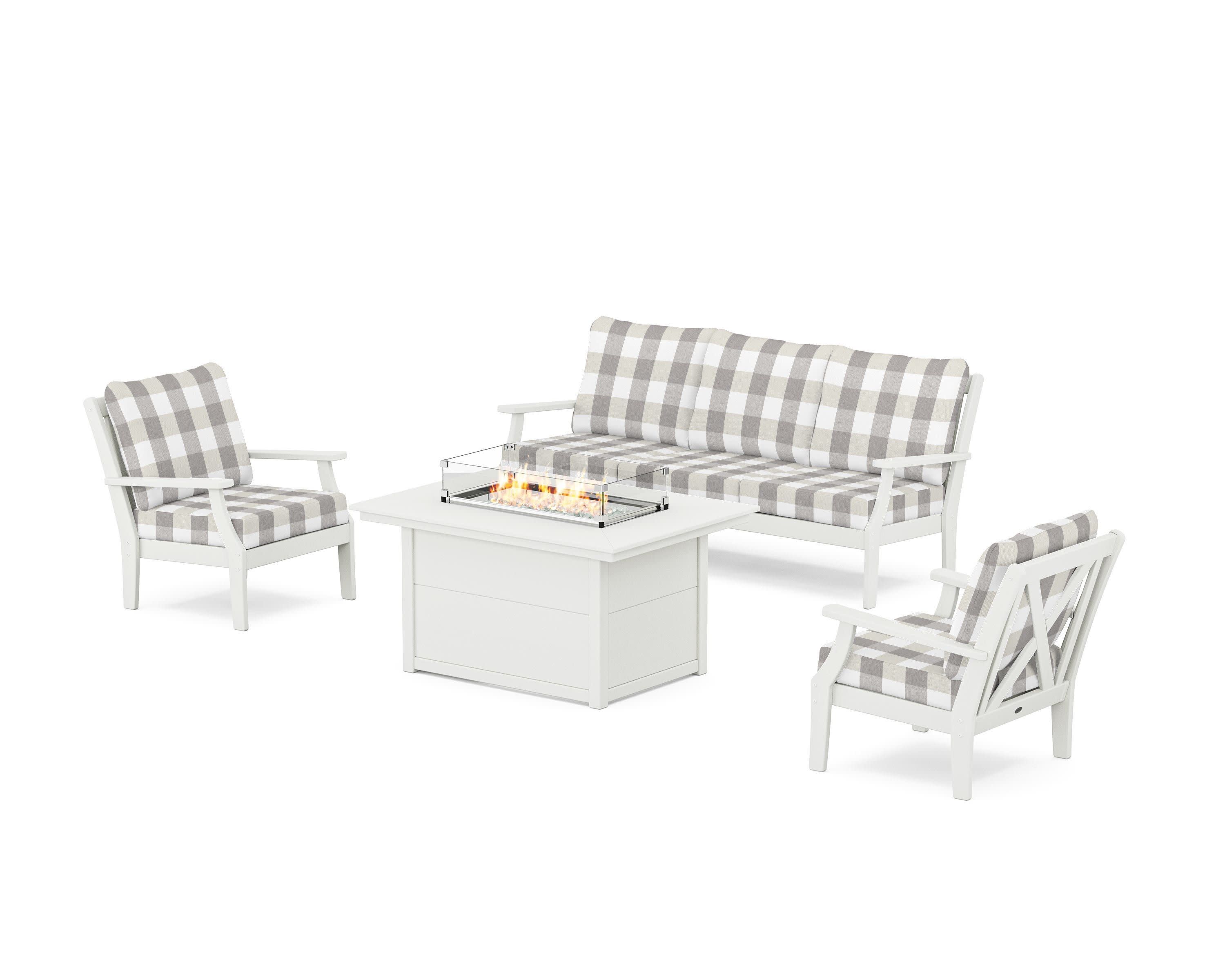 Braxton Deep Seating Fire Pit Table Set in Vintage White / Buffalo Plaid Grey Mist