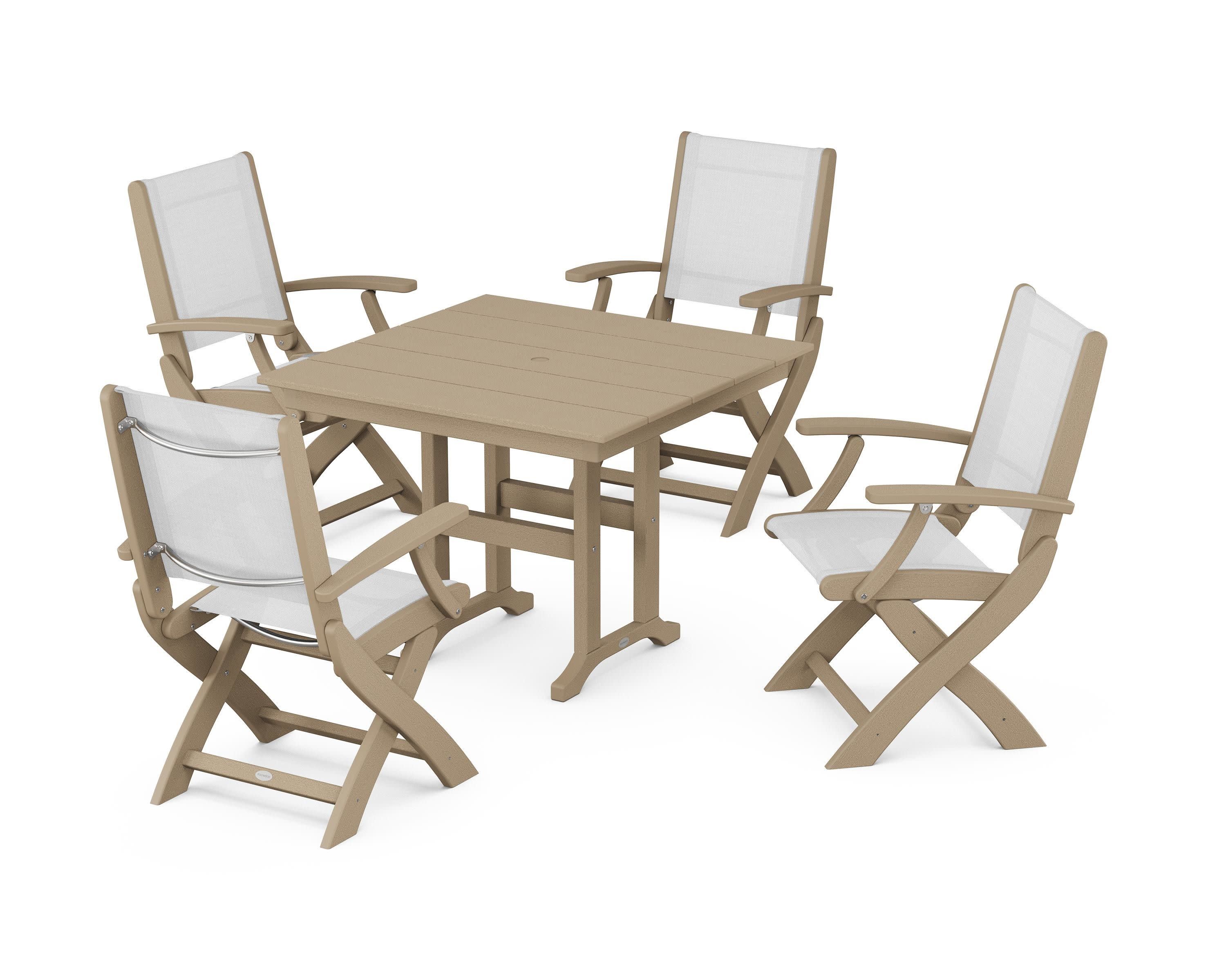 Coastal Folding Chair 5-Piece Farmhouse Dining Set in Vintage Sahara / White Sling