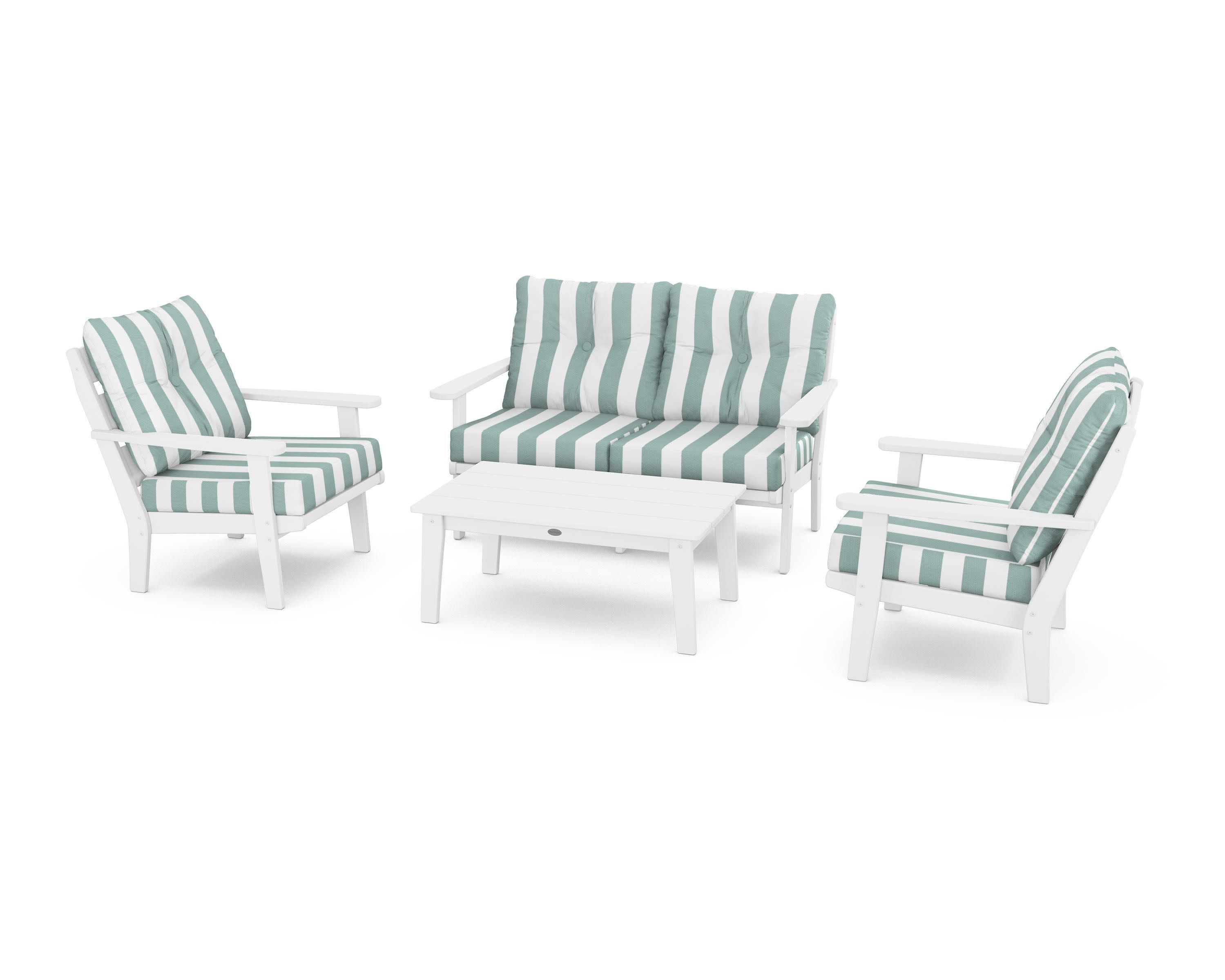 Lakeside 4-Piece Deep Seating Set in White / Cabana Stripe Glacier Spa