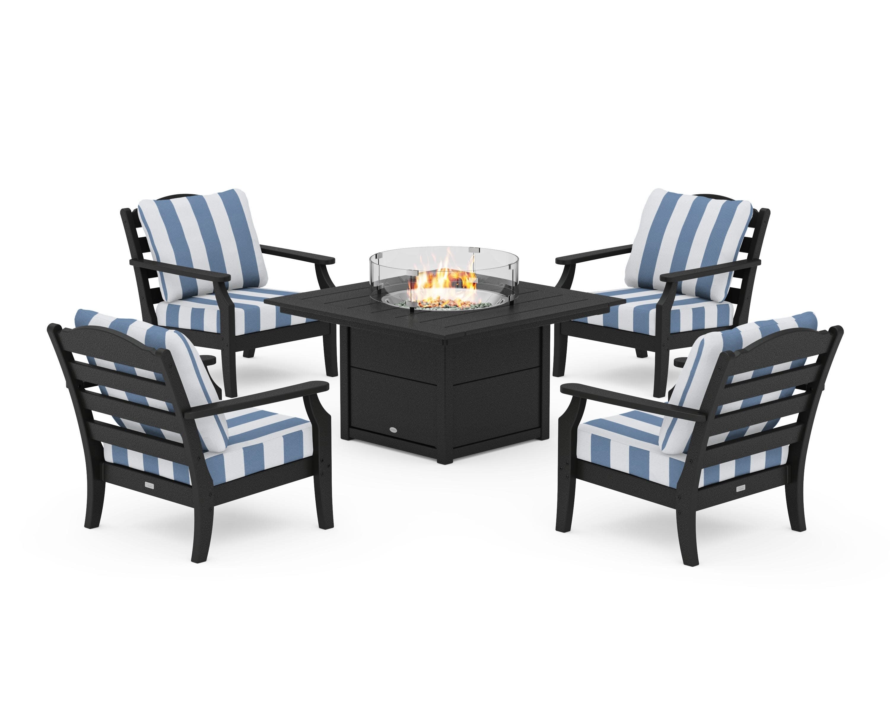 Savannah 5-Piece Deep Seating Set with Fire Pit Table in Black / Cabana Stripe Sky Blue
