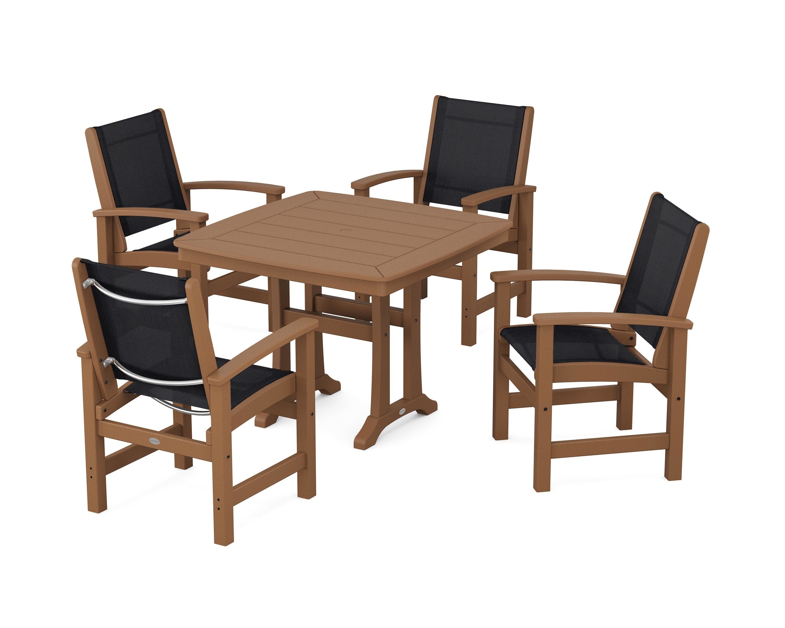 Coastal 5-Piece Dining Set with Trestle Legs in Teak / Black Sling