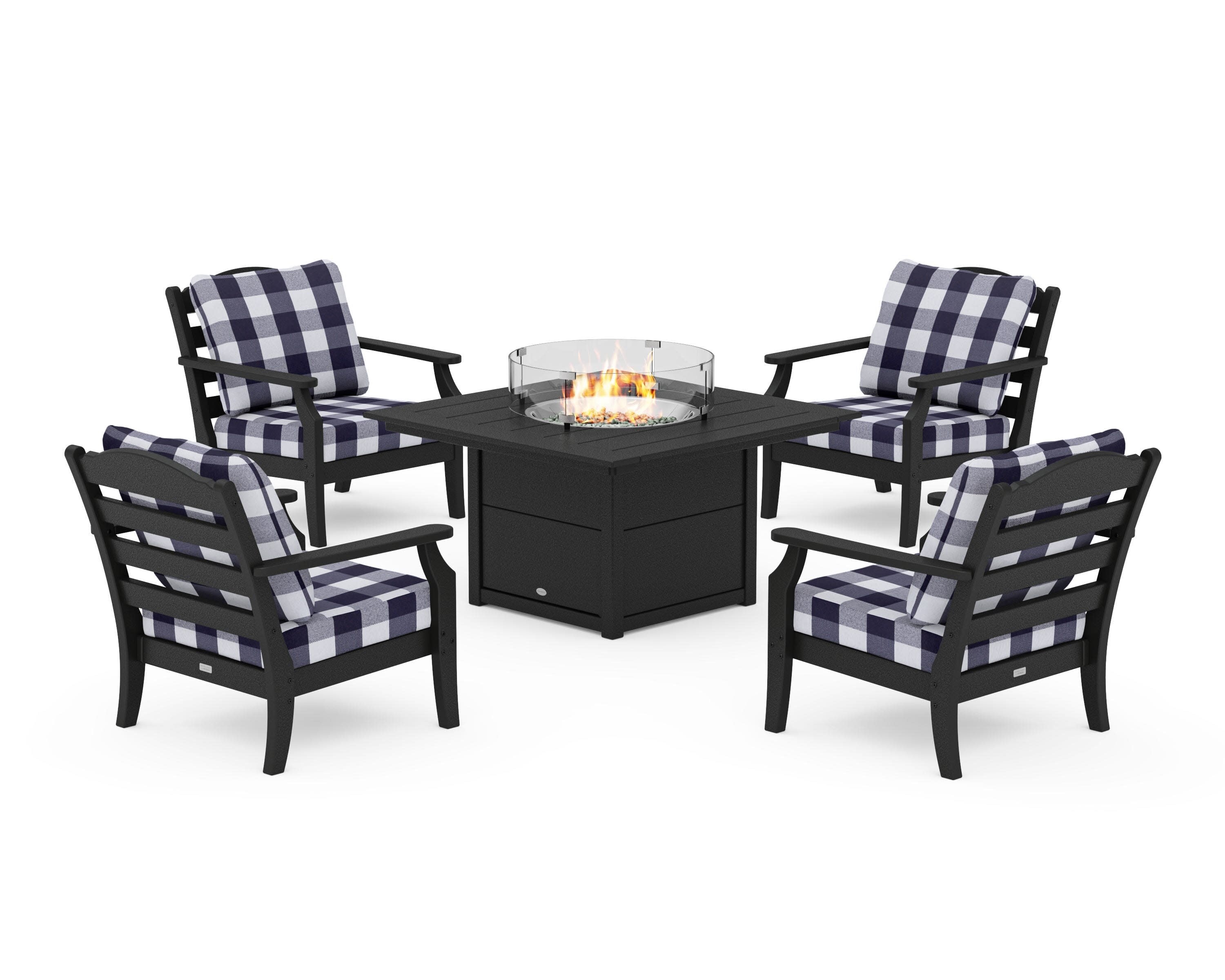 Savannah 5-Piece Deep Seating Set with Fire Pit Table in Black / Buffalo Plaid Navy
