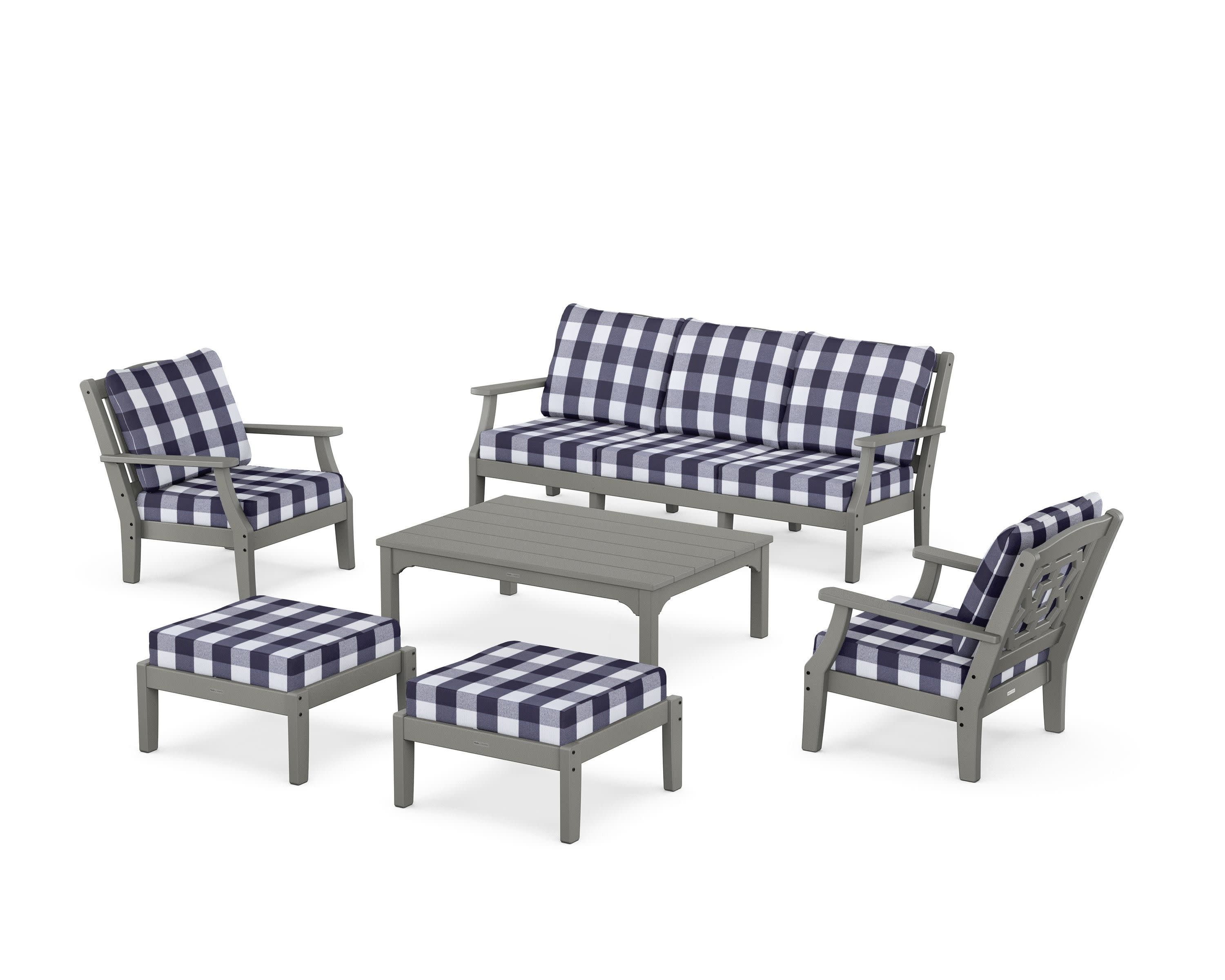 Chinoiserie 6-Piece Lounge Sofa Set in Slate Grey / Buffalo Plaid Navy