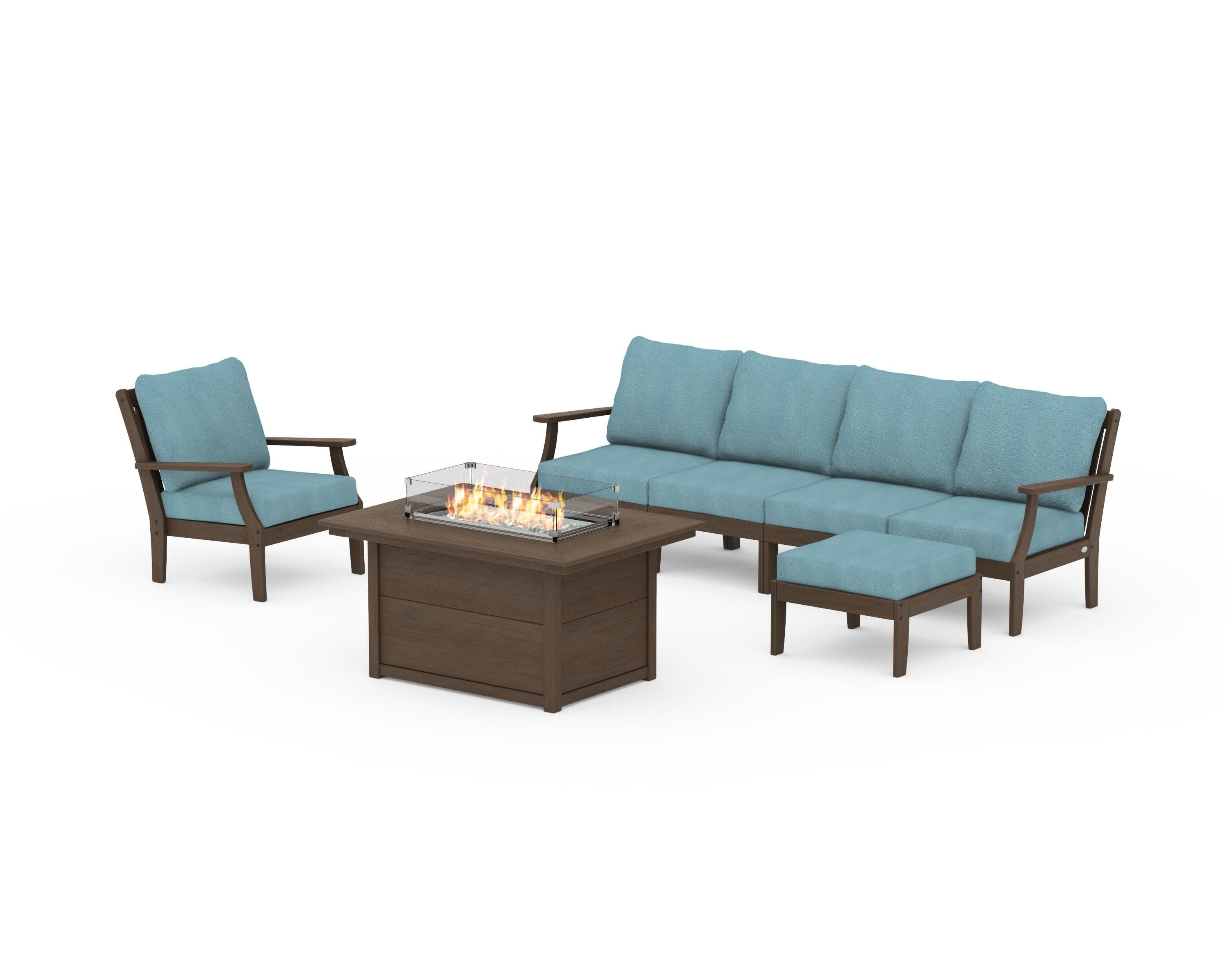 Braxton Sectional Lounge and Fire Pit Set in Kona / Lattice Sky Blue