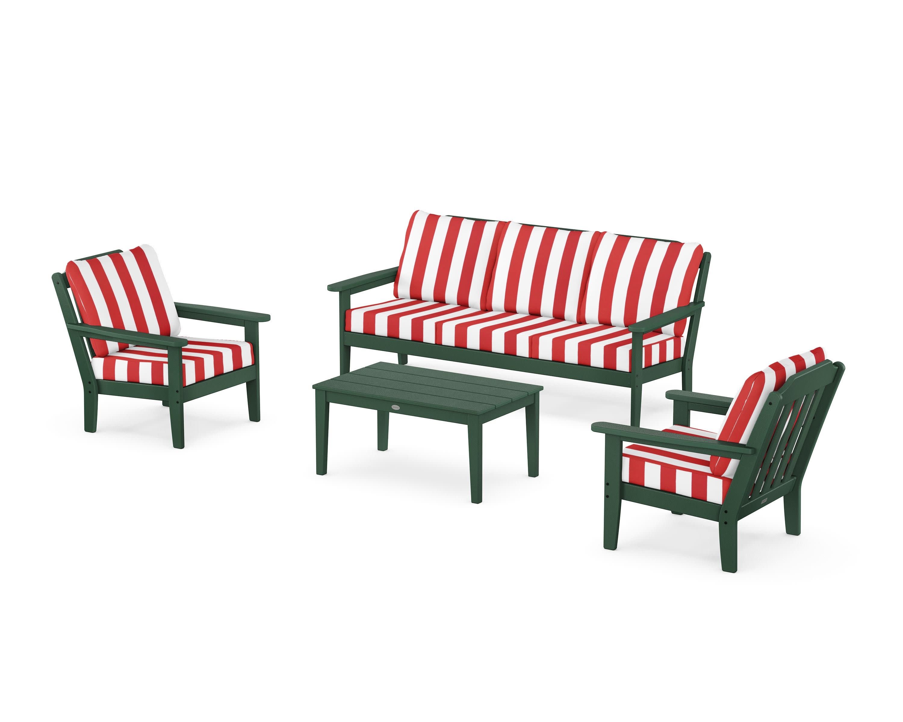 Cottage 4-Piece Deep Seating Set with Sofa in Green / Cabana Stripe Crimson