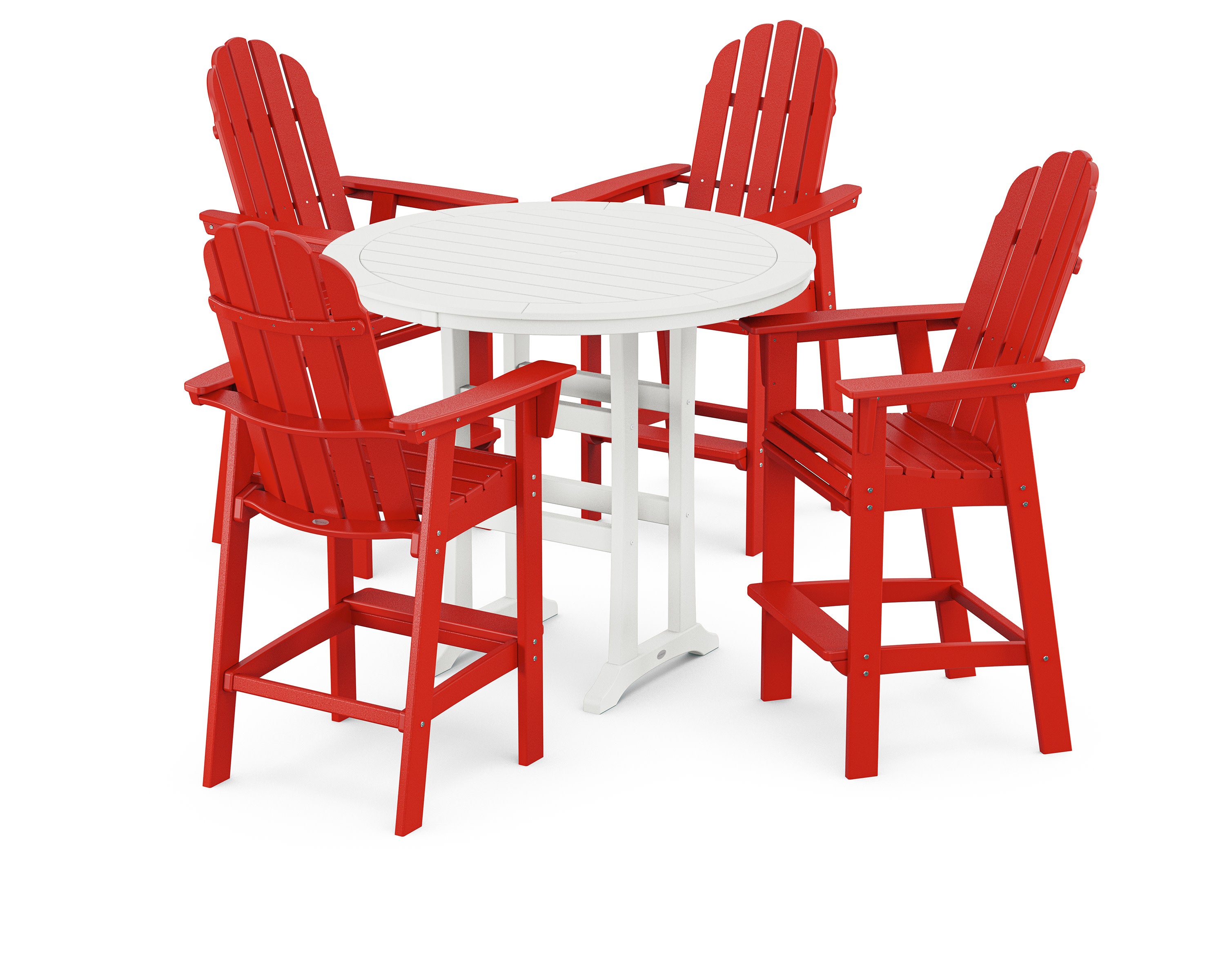Vineyard Curveback Adirondack 5-Piece Nautical Trestle Bar Set in Sunset Red / White