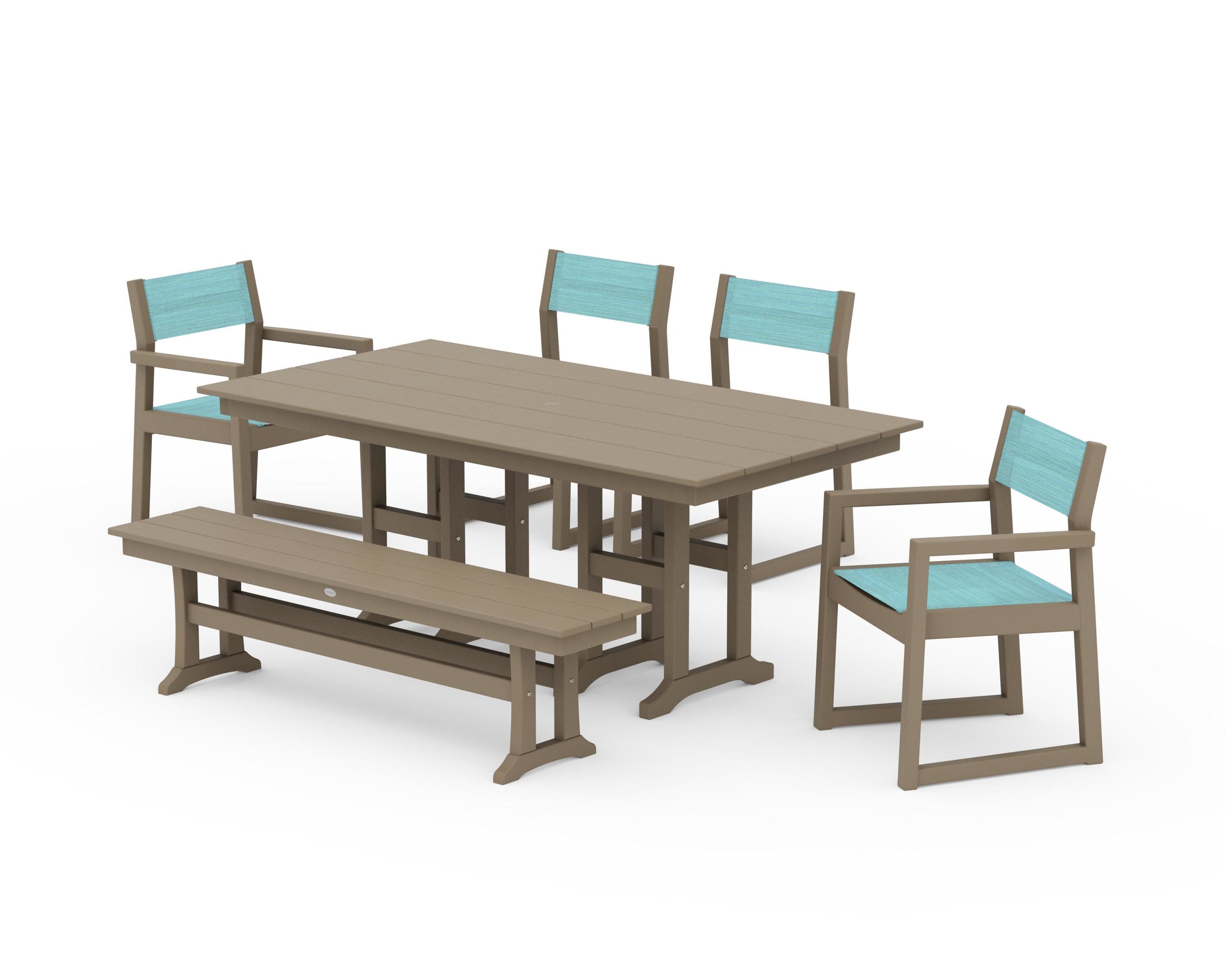 EDGE Sling 6-Piece Farmhouse Dining Set in Vintage Sahara / Dupioni Aquamarine Sling