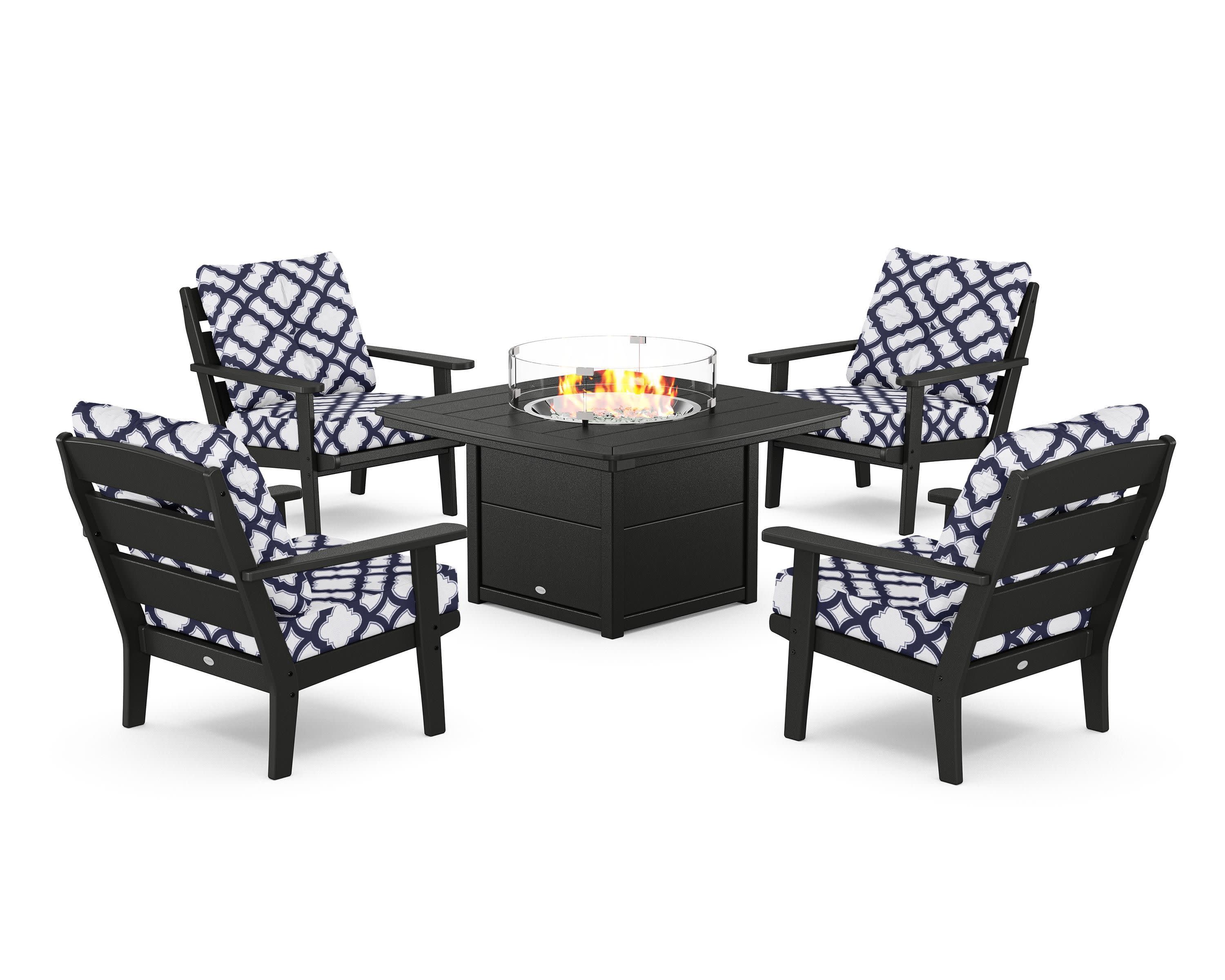 Lakeside 5-Piece Deep Seating Set with Nautical Fire Pit Table in Black / Trellis Navy