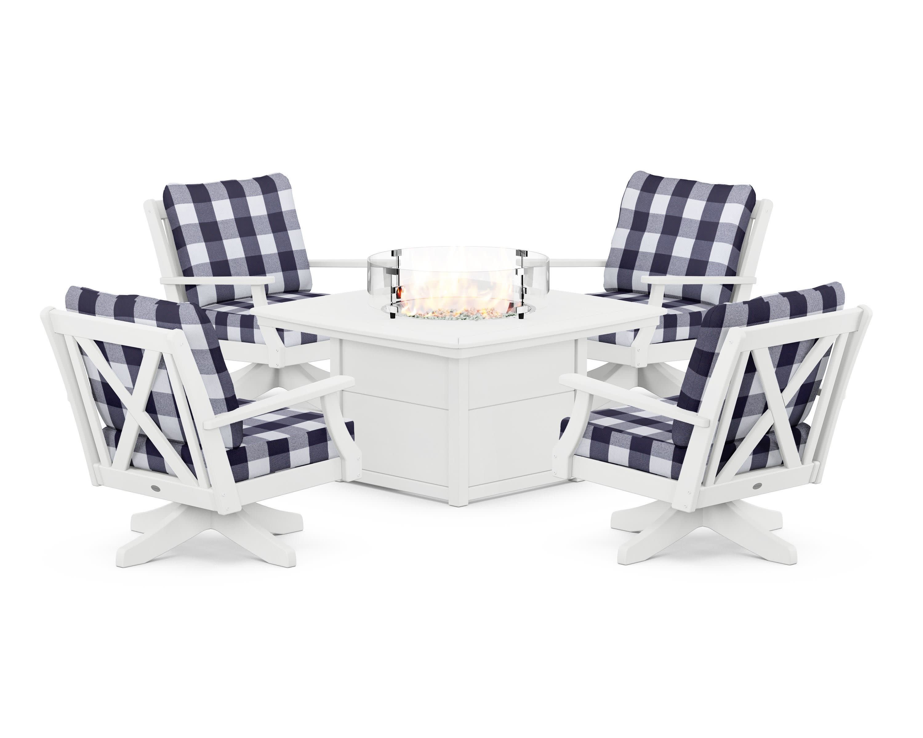 Braxton 5-Piece Deep Seating Swivel Conversation Set with Fire Pit Table in White / Buffalo Plaid Navy