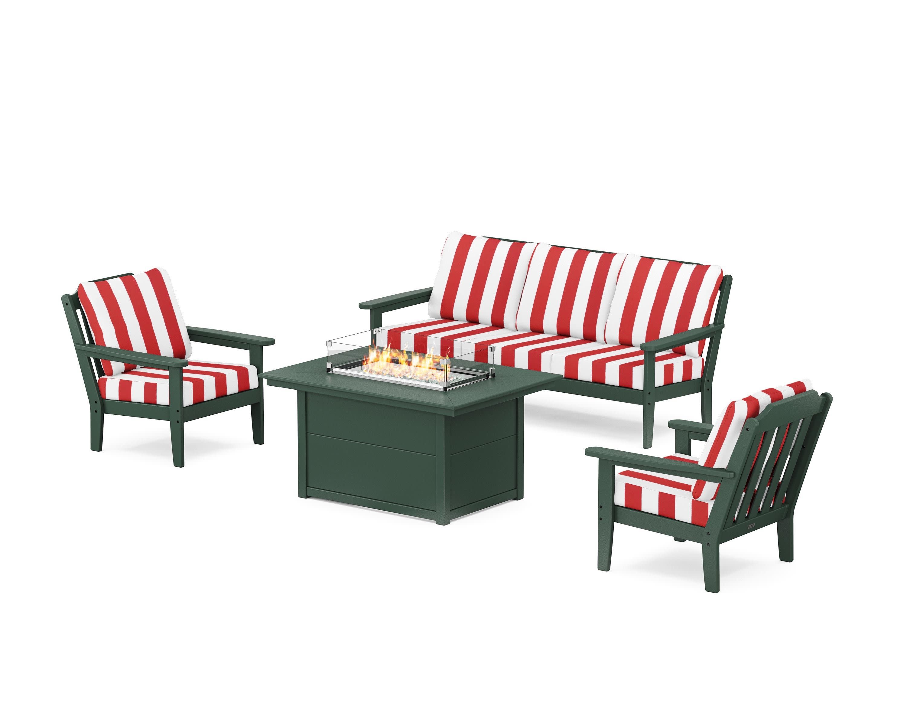 Cottage Deep Seating Fire Pit Table Set in Green / Cabana Stripe Crimson