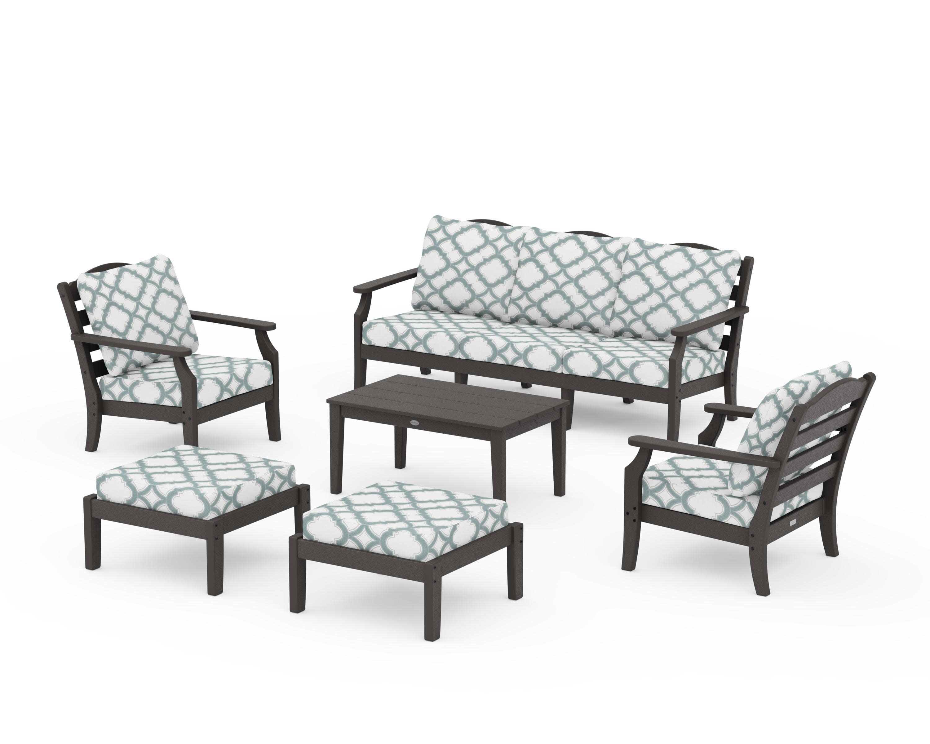 Savannah 6-Piece Lounge Sofa Set in Vintage Coffee / Trellis Glacier Spa
