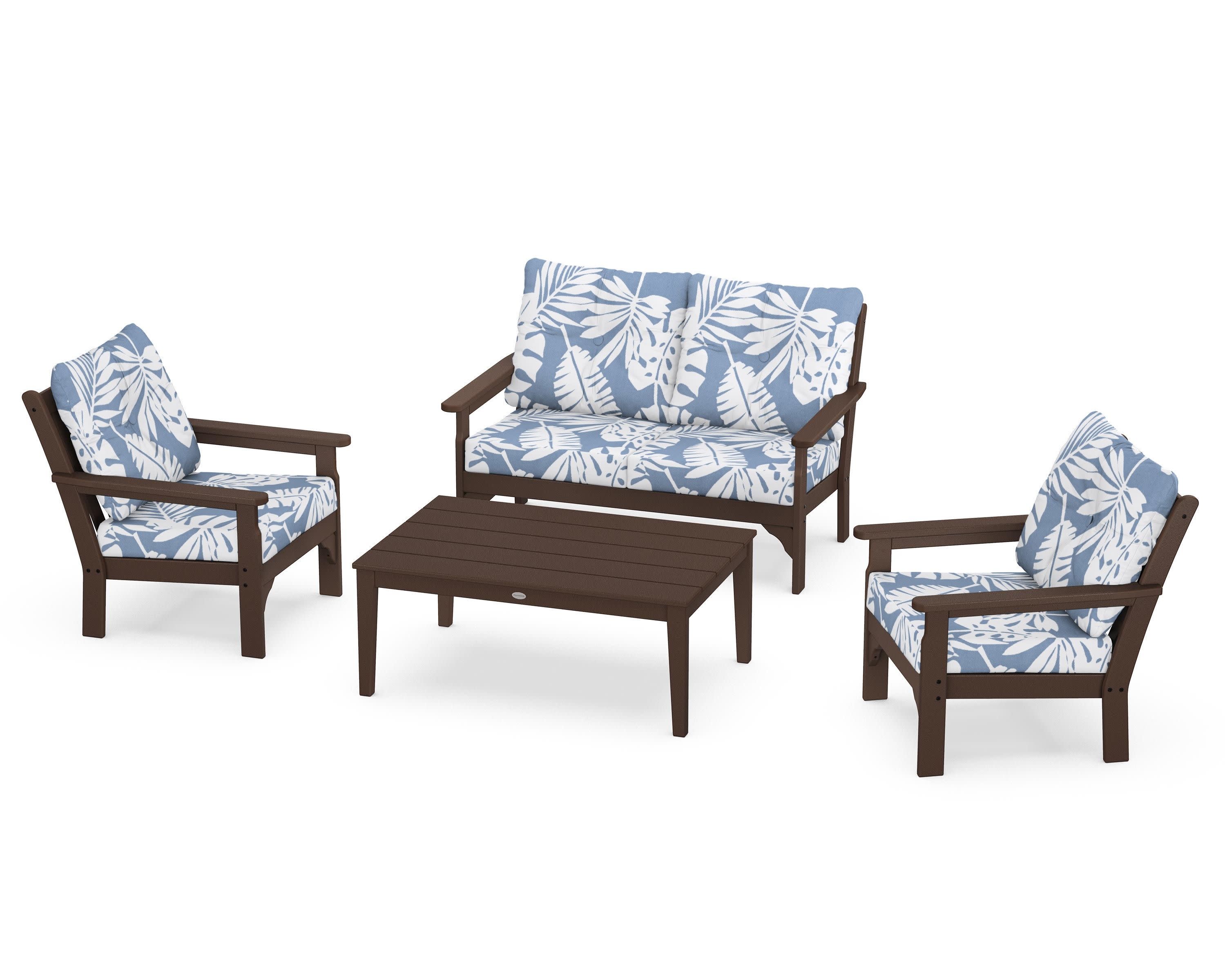 Vineyard 4-Piece Deep Seating Set in Mahogany / Leaf Sky Blue