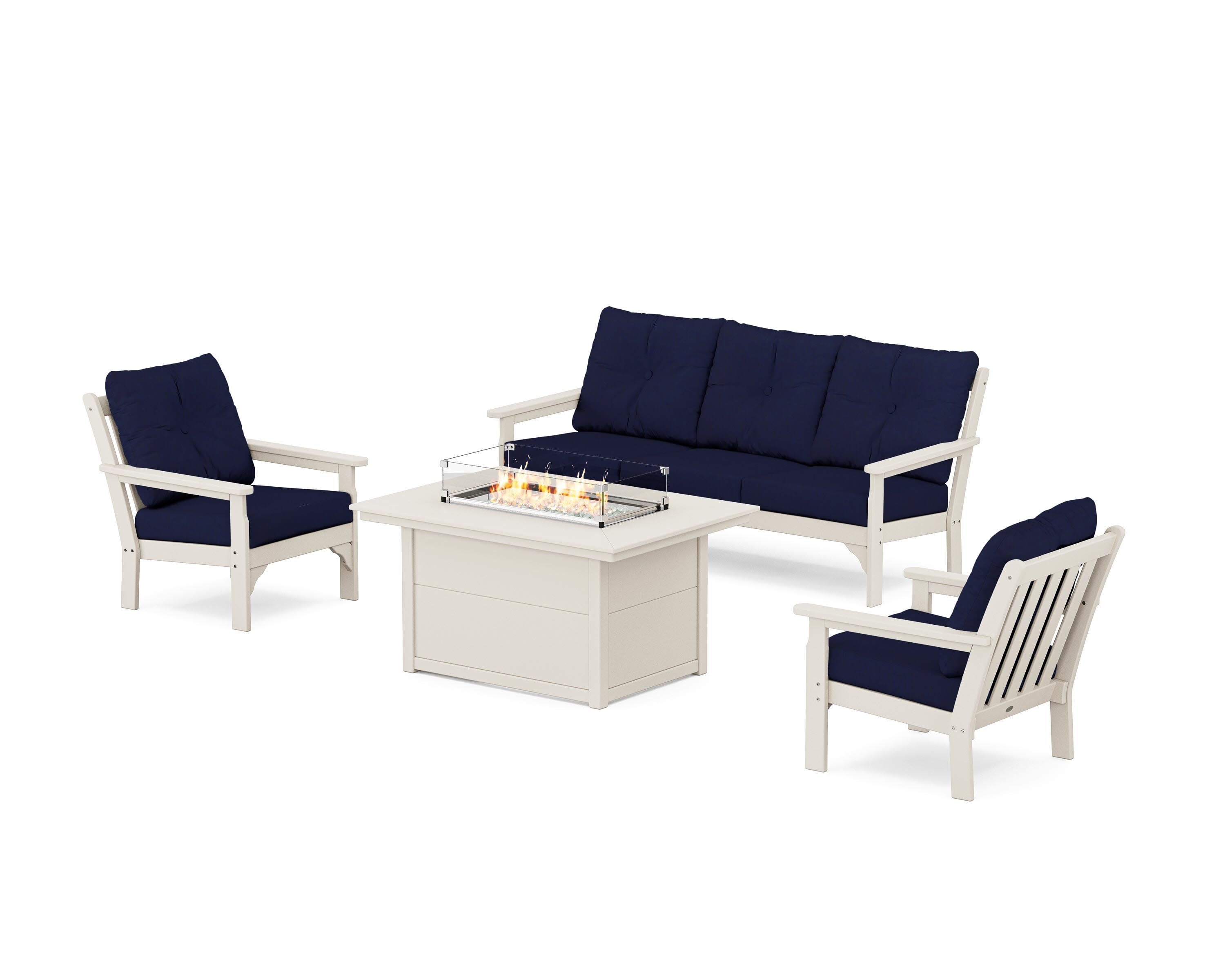 Vineyard Deep Seating Fire Pit Table Set in Sand / Navy