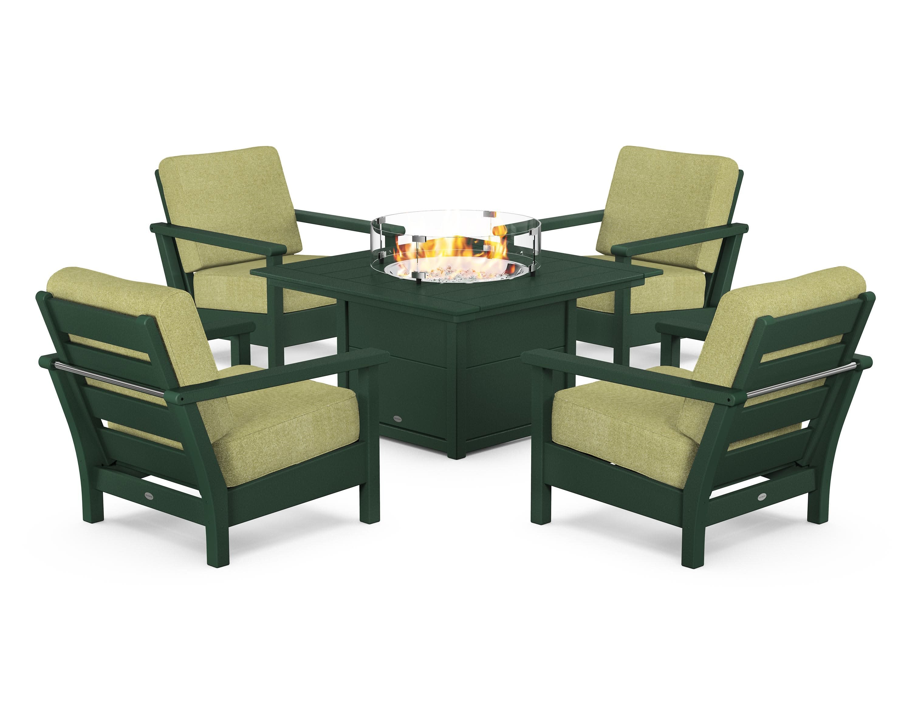 Harbour 5-Piece Conversation Set with Fire Pit Table in Green / Chartreuse Boucle