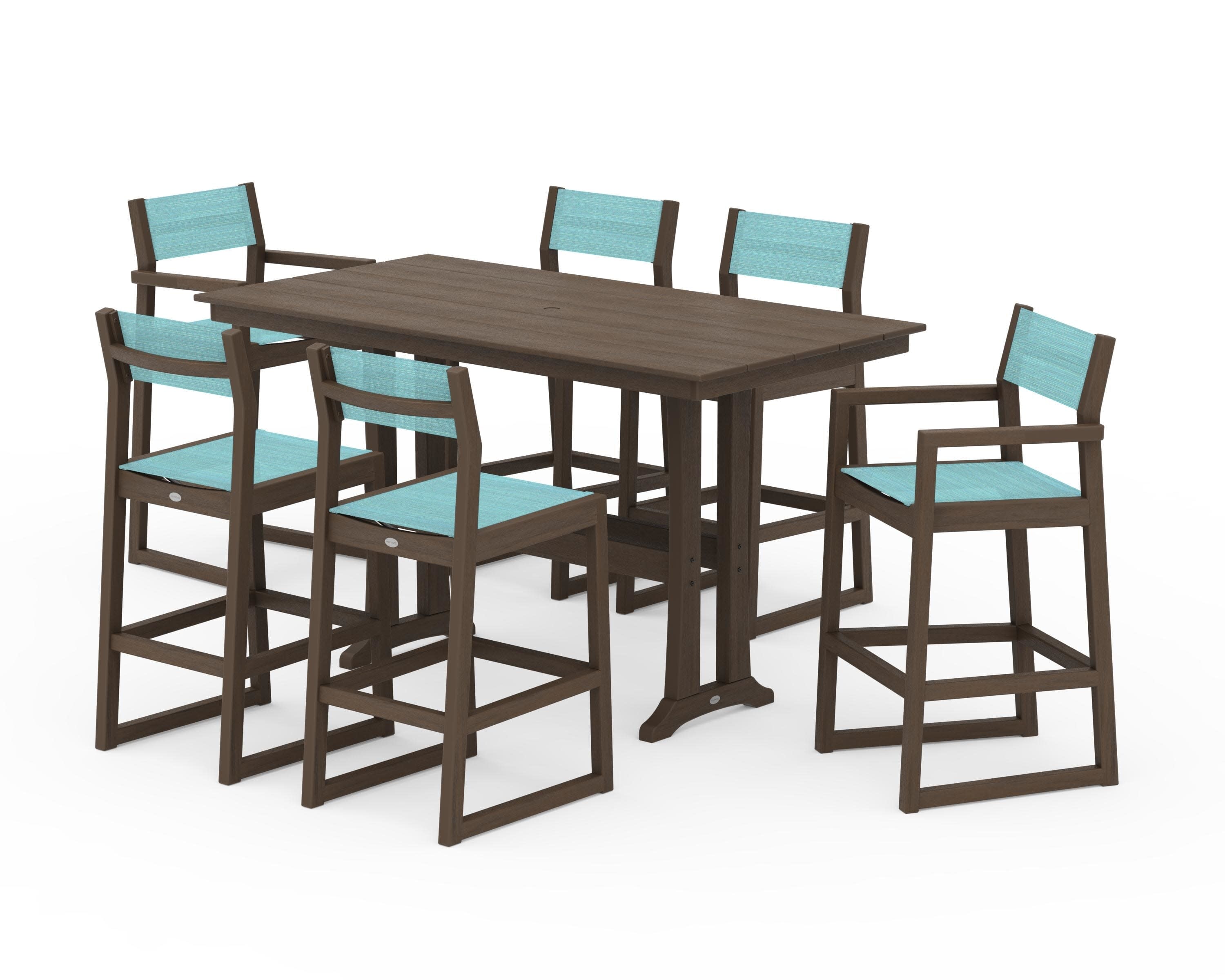 EDGE Sling 7-Piece Farmhouse Bar Set with Trestle Legs in Kona / Dupioni Aquamarine Sling