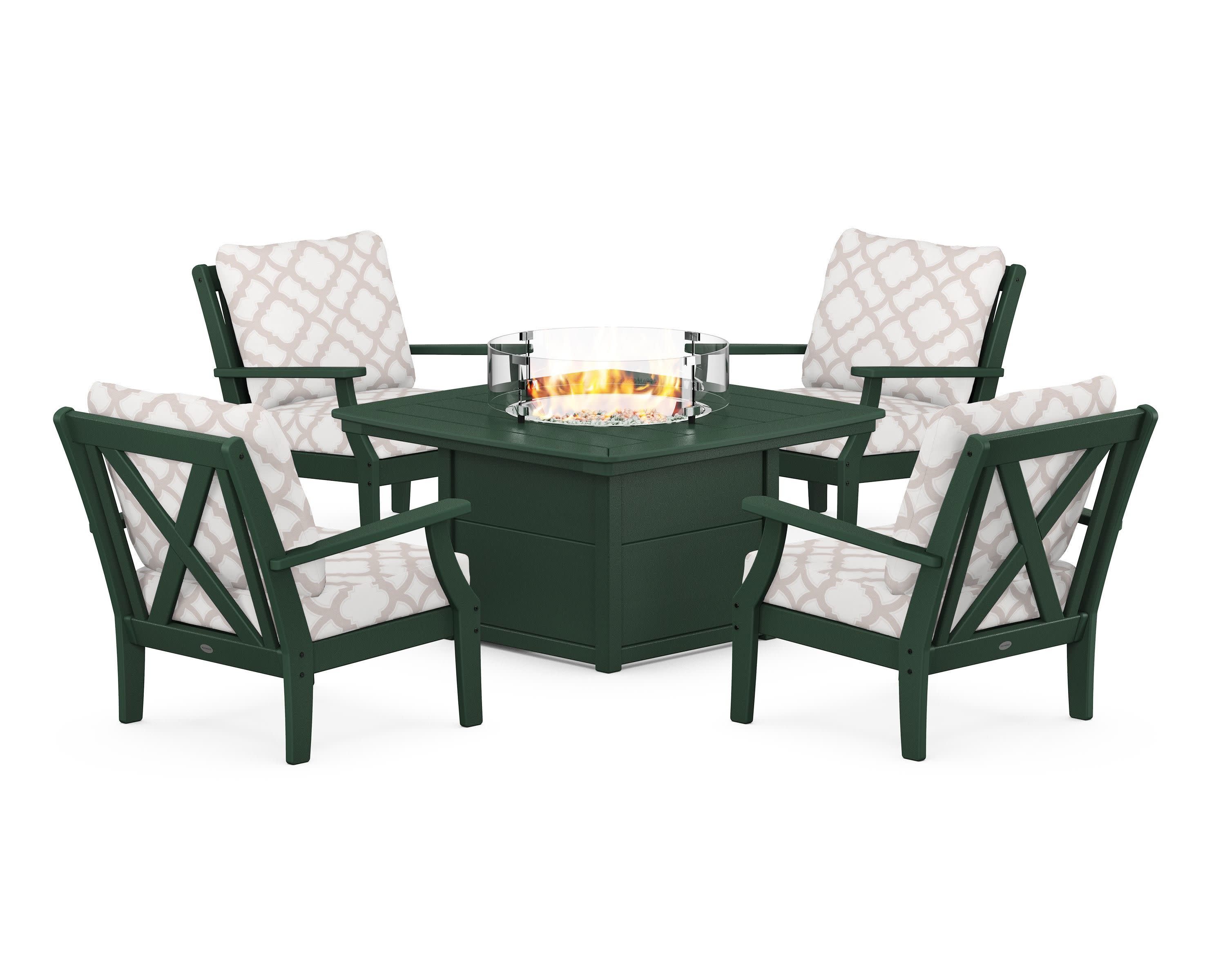 Braxton 5-Piece Deep Seating Conversation Set with Fire Pit Table in Green / Trellis Dune Burlap