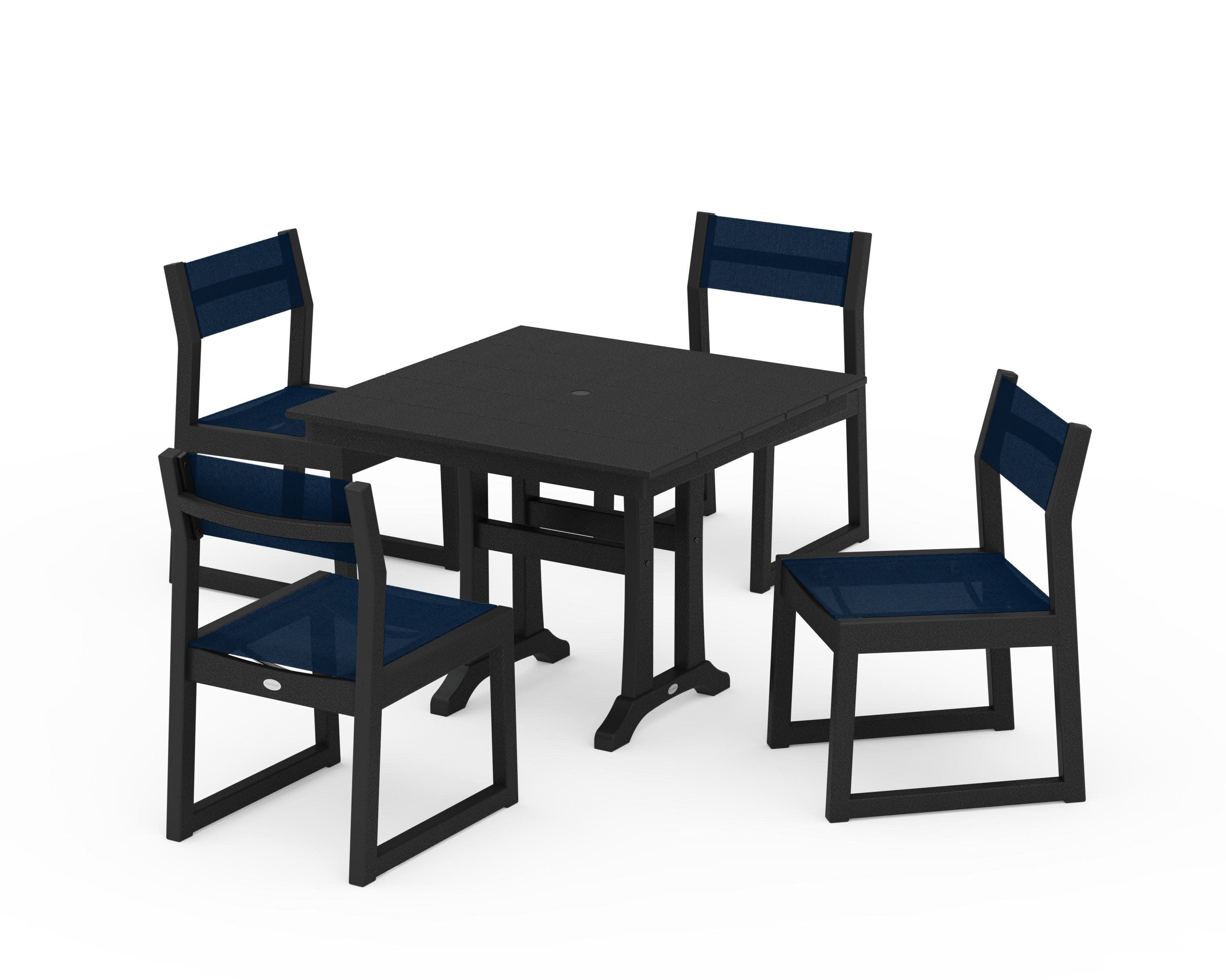 EDGE Sling 5-Piece Farmhouse Trestle Side Chair Dining Set in Black / Navy Blue Sling