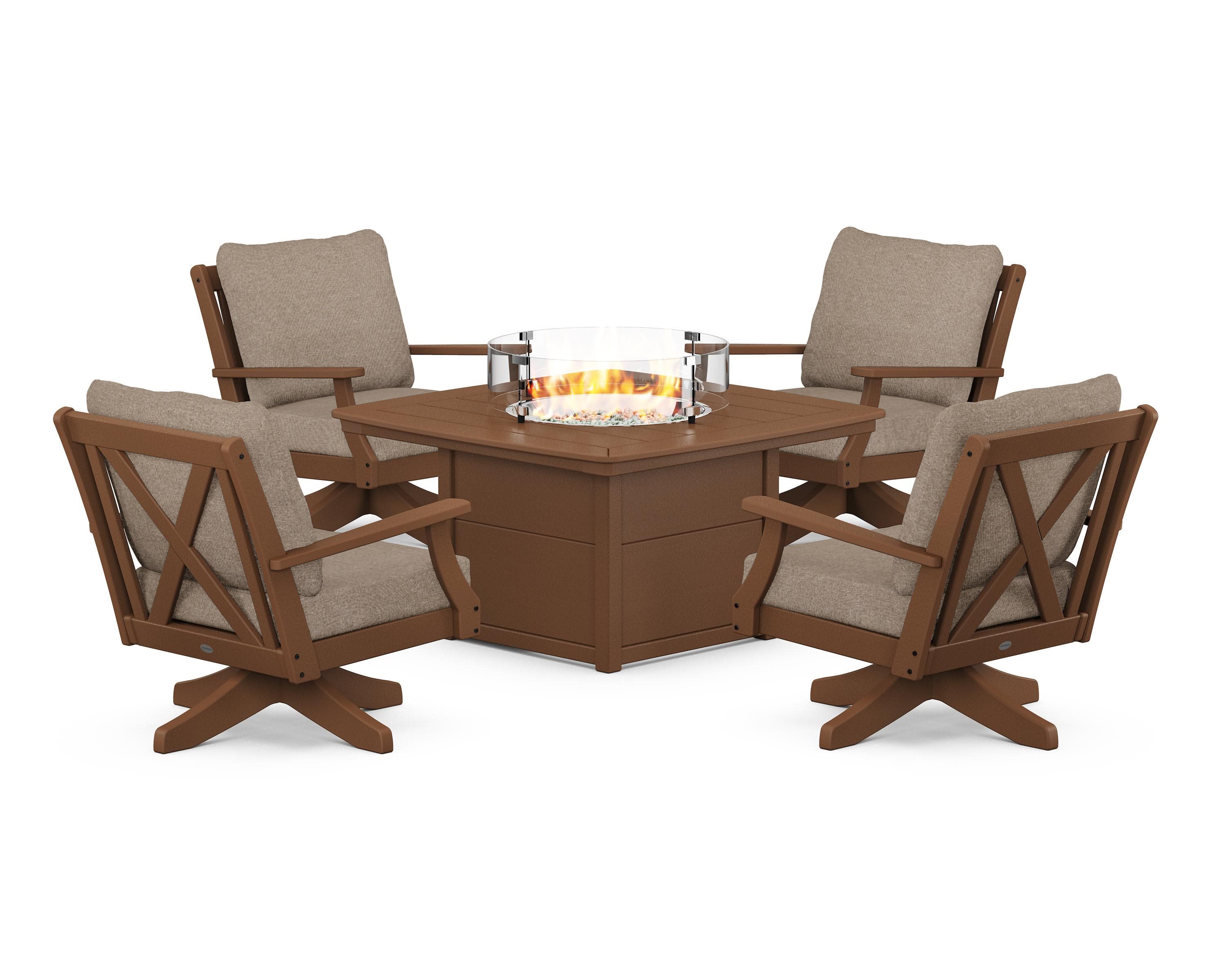 Braxton 5-Piece Deep Seating Swivel Conversation Set with Fire Pit Table in Teak / Spiced Burlap