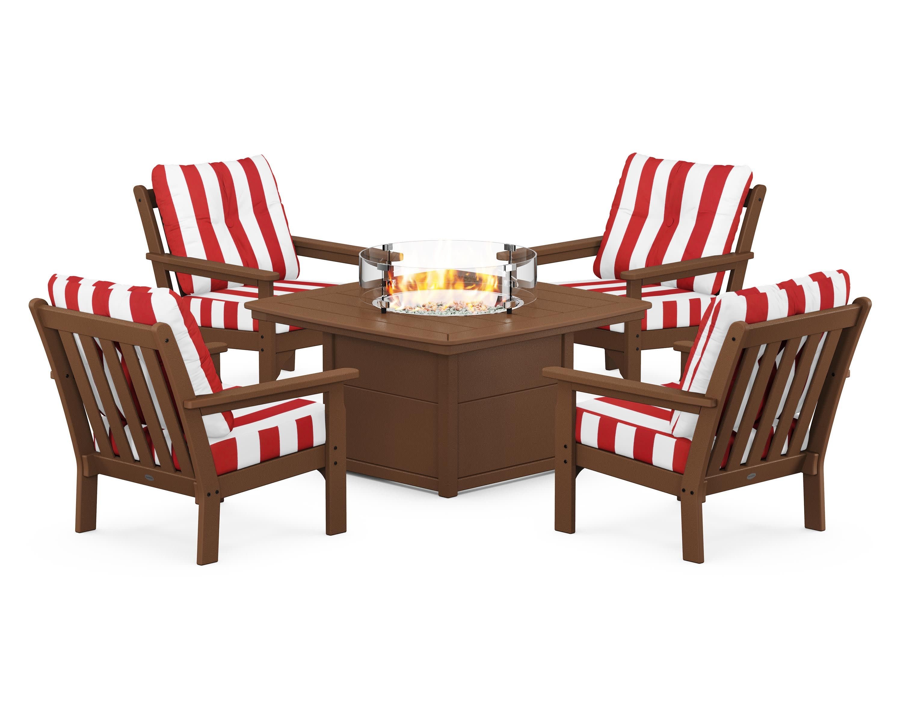 Vineyard 5-Piece Conversation Set with Fire Pit Table in Teak / Cabana Stripe Crimson