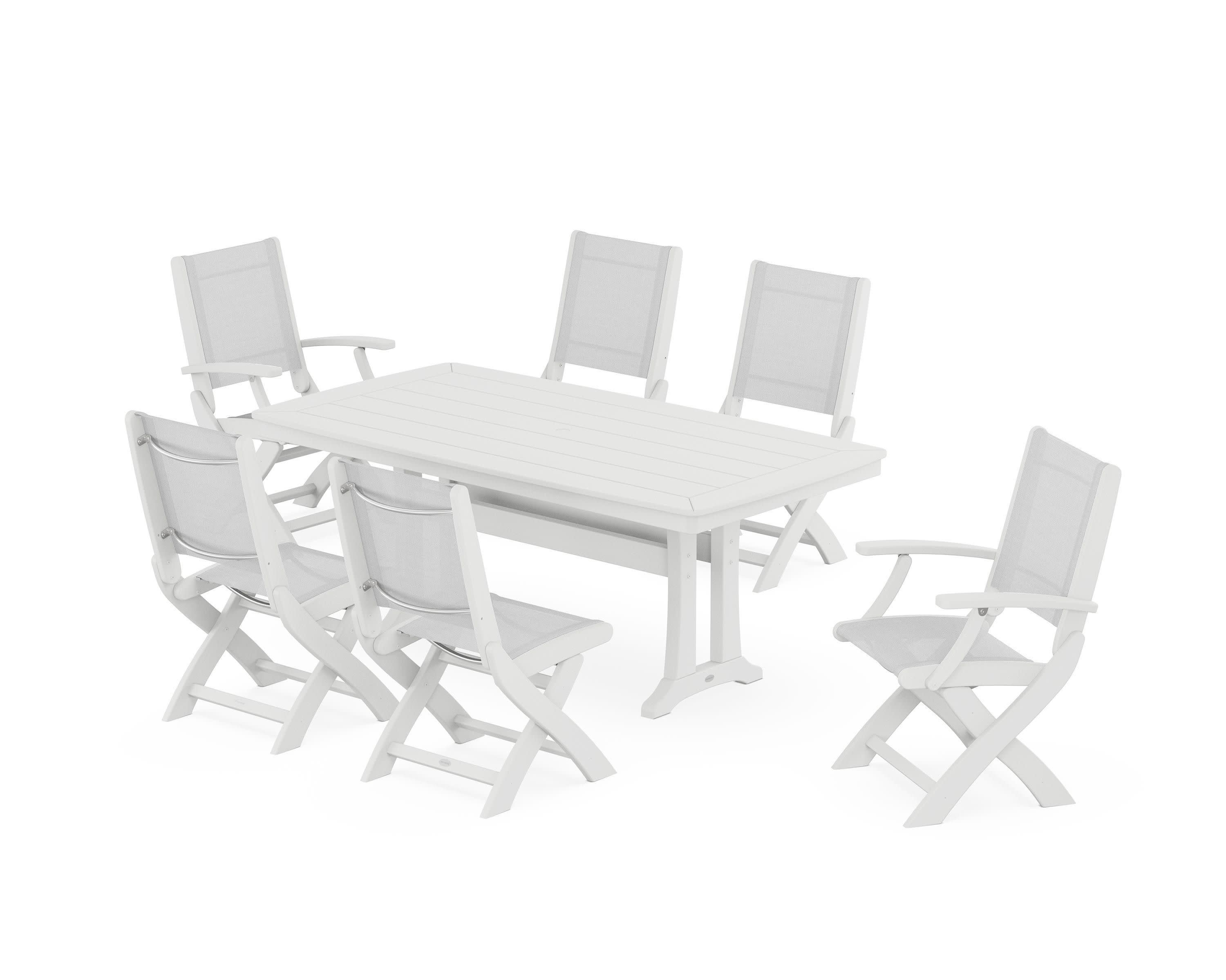 Coastal Folding Chair 7-Piece Dining Set with Trestle Legs in White / White Sling