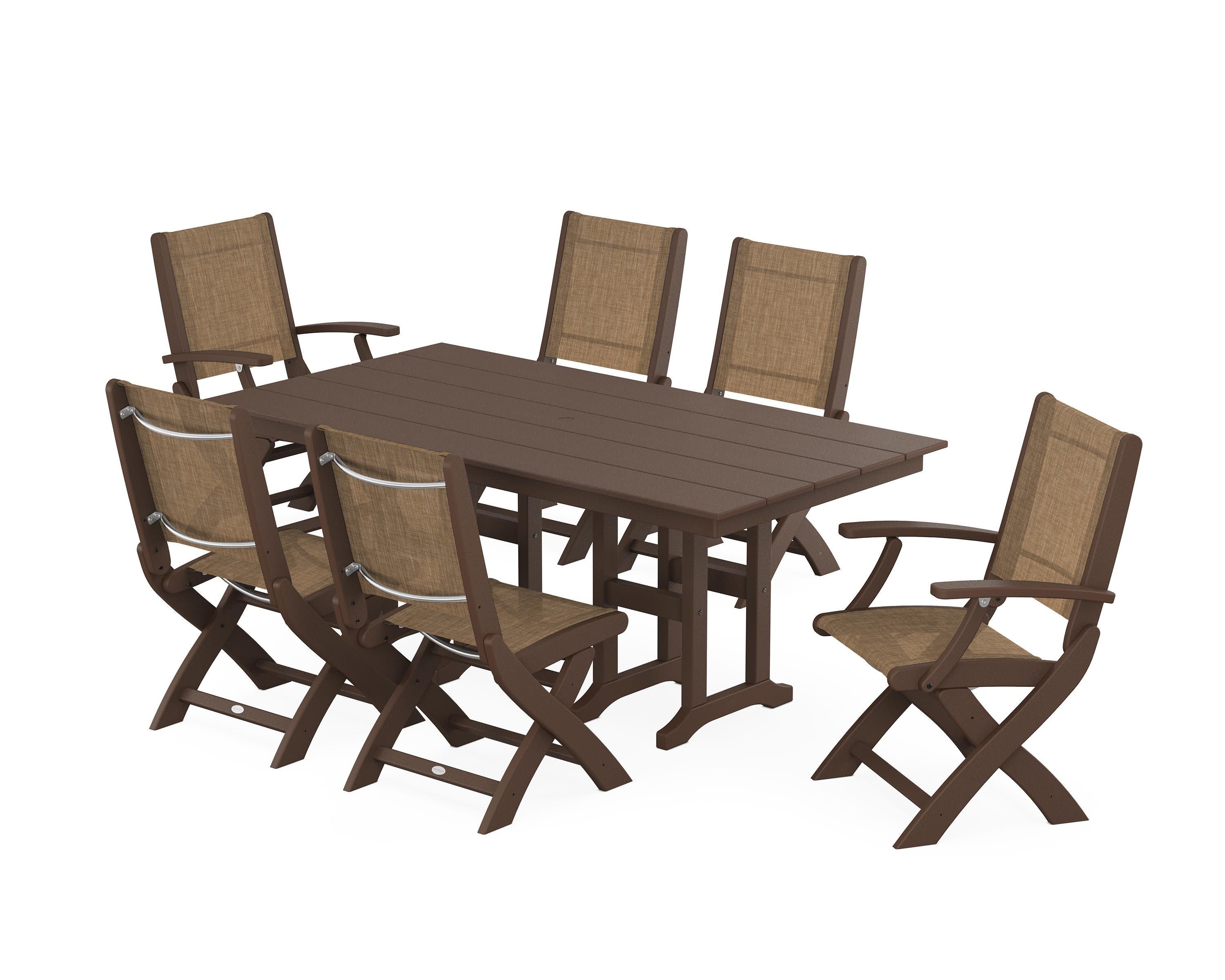 Coastal Folding Chair 7-Piece Farmhouse Dining Set in Mahogany / Burlap Sling