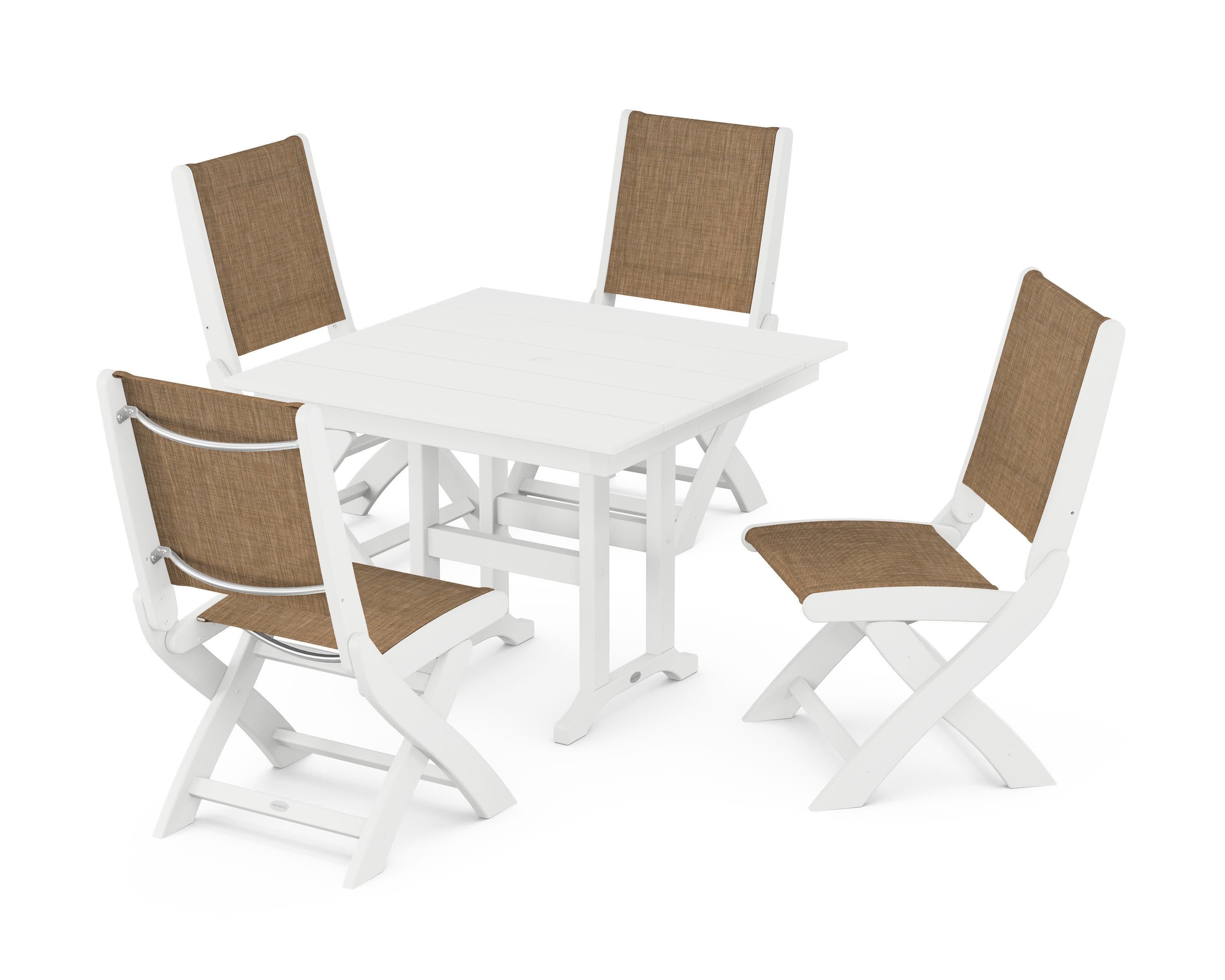 Coastal Folding Side Chair 5-Piece Farmhouse Dining Set in White / Burlap Sling