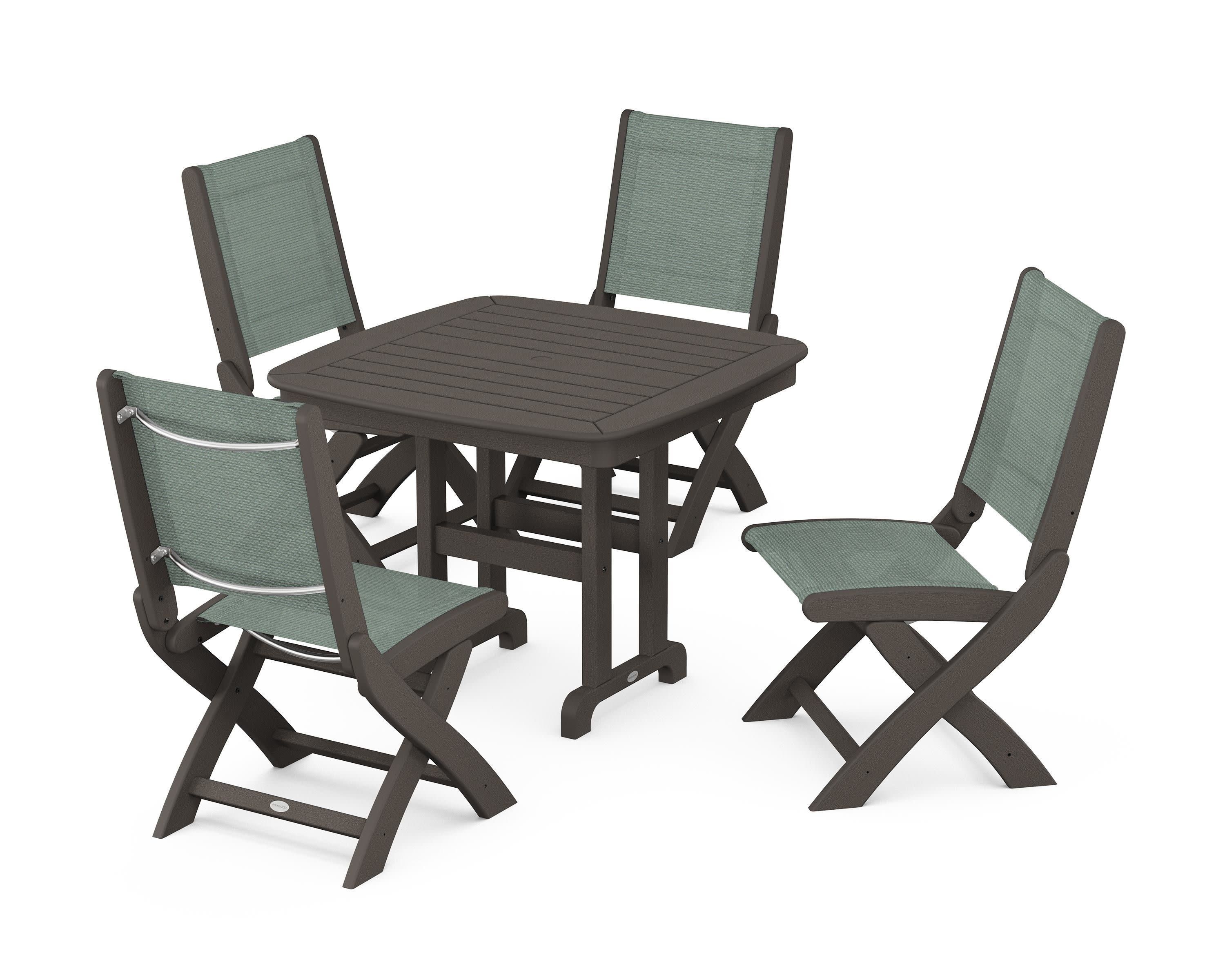 Coastal Folding Side Chair 5-Piece Dining Set in Vintage Coffee / Dupioni Sea Mist Sling