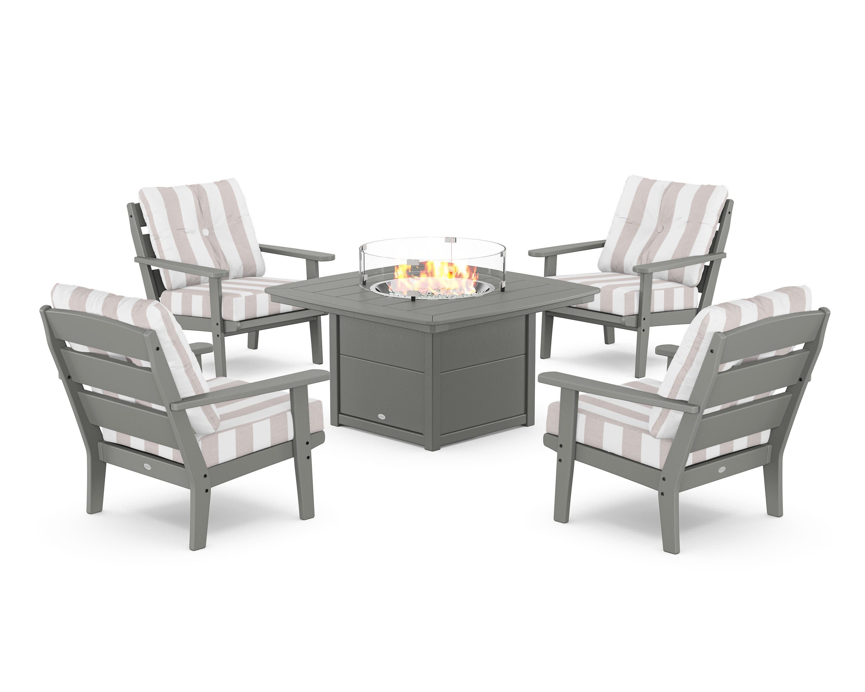 Lakeside 5-Piece Deep Seating Set with Nautical Fire Pit Table in Slate Grey / Cabana Stripe Dune Burlap