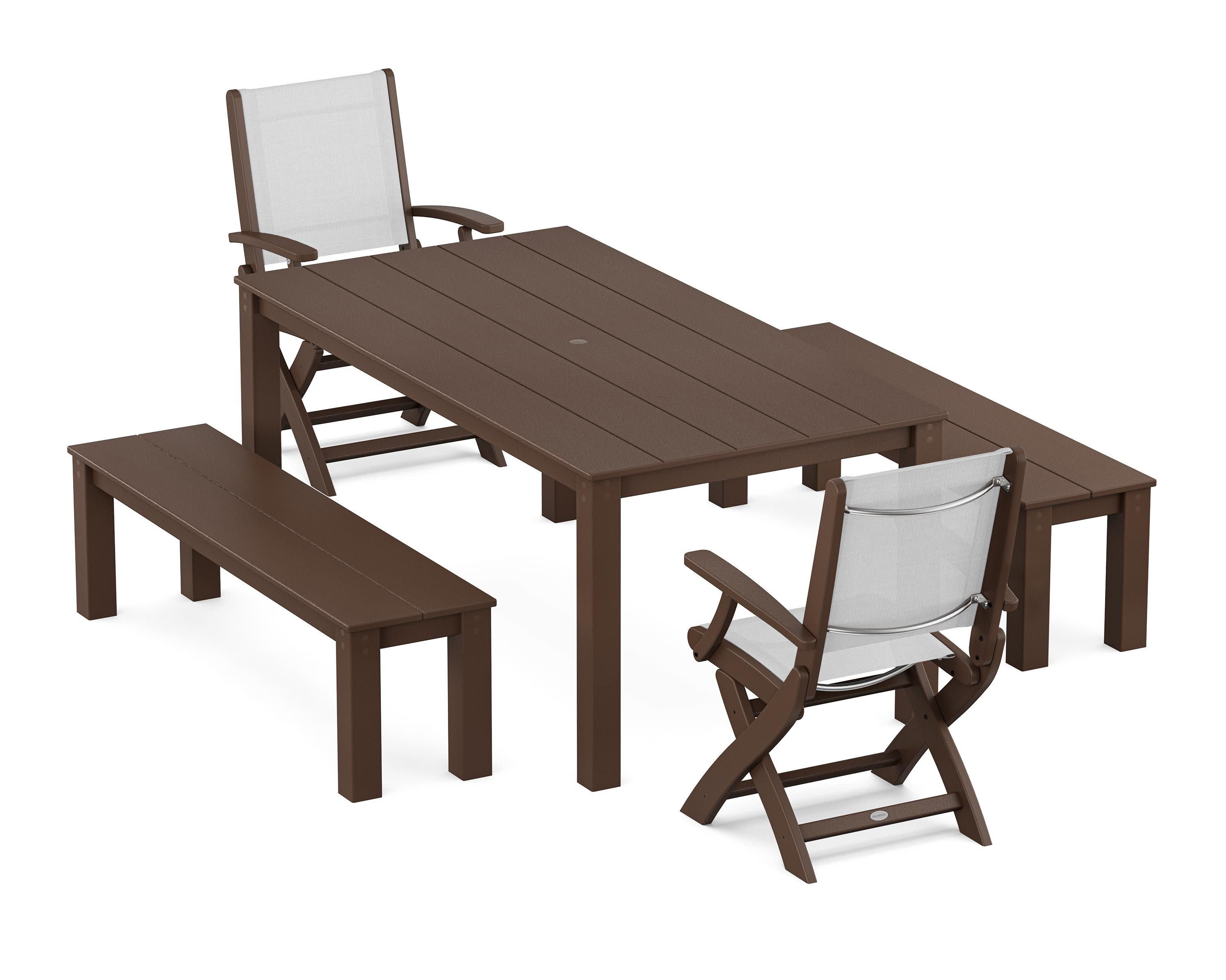 Coastal Folding Chair 5-Piece Parsons Dining Set with Benches in Mahogany / White Sling