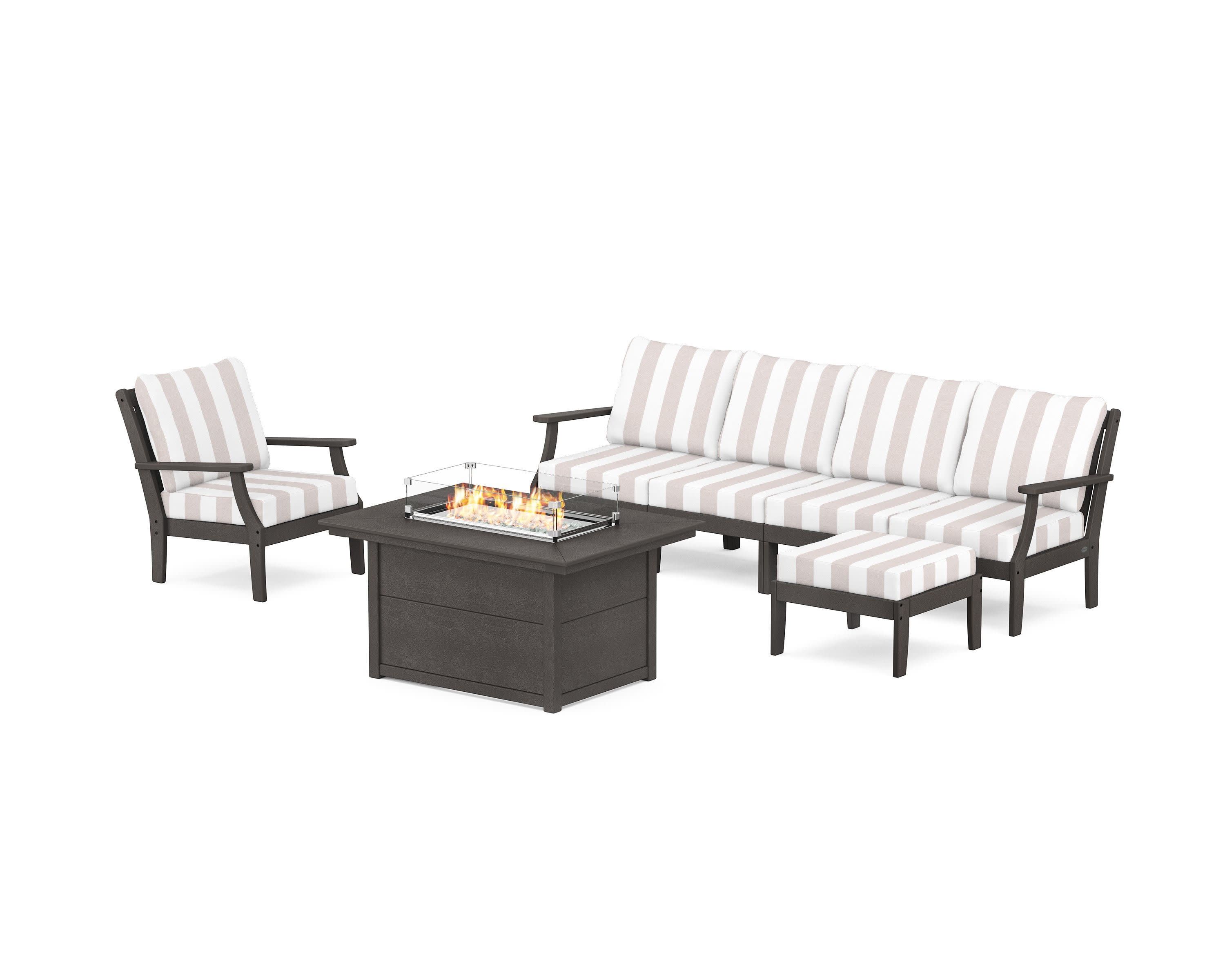 Braxton Sectional Lounge and Fire Pit Set in Vintage Coffee / Cabana Stripe Dune Burlap