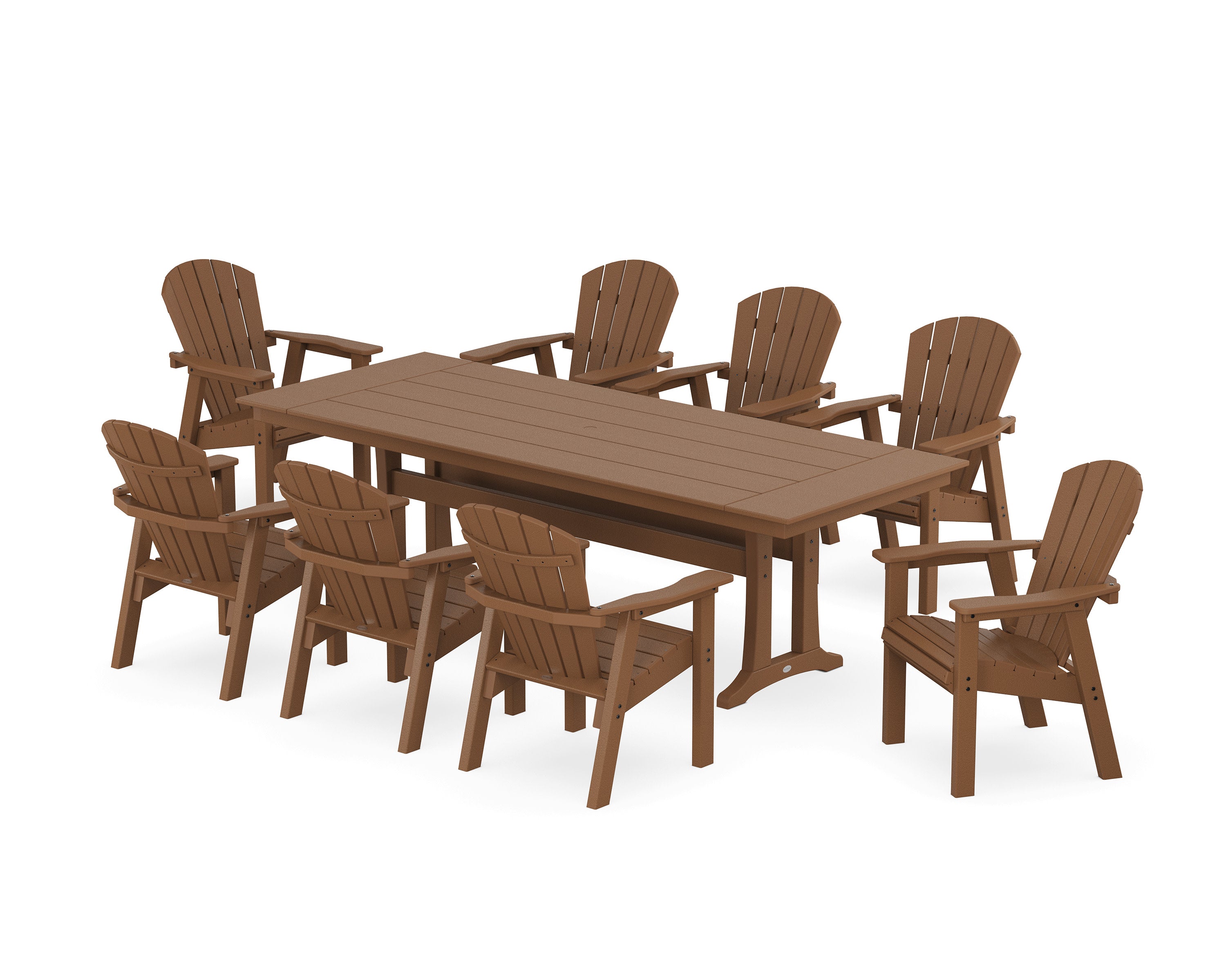 Seashell 9-Piece Farmhouse Dining Set with Trestle Legs in Teak