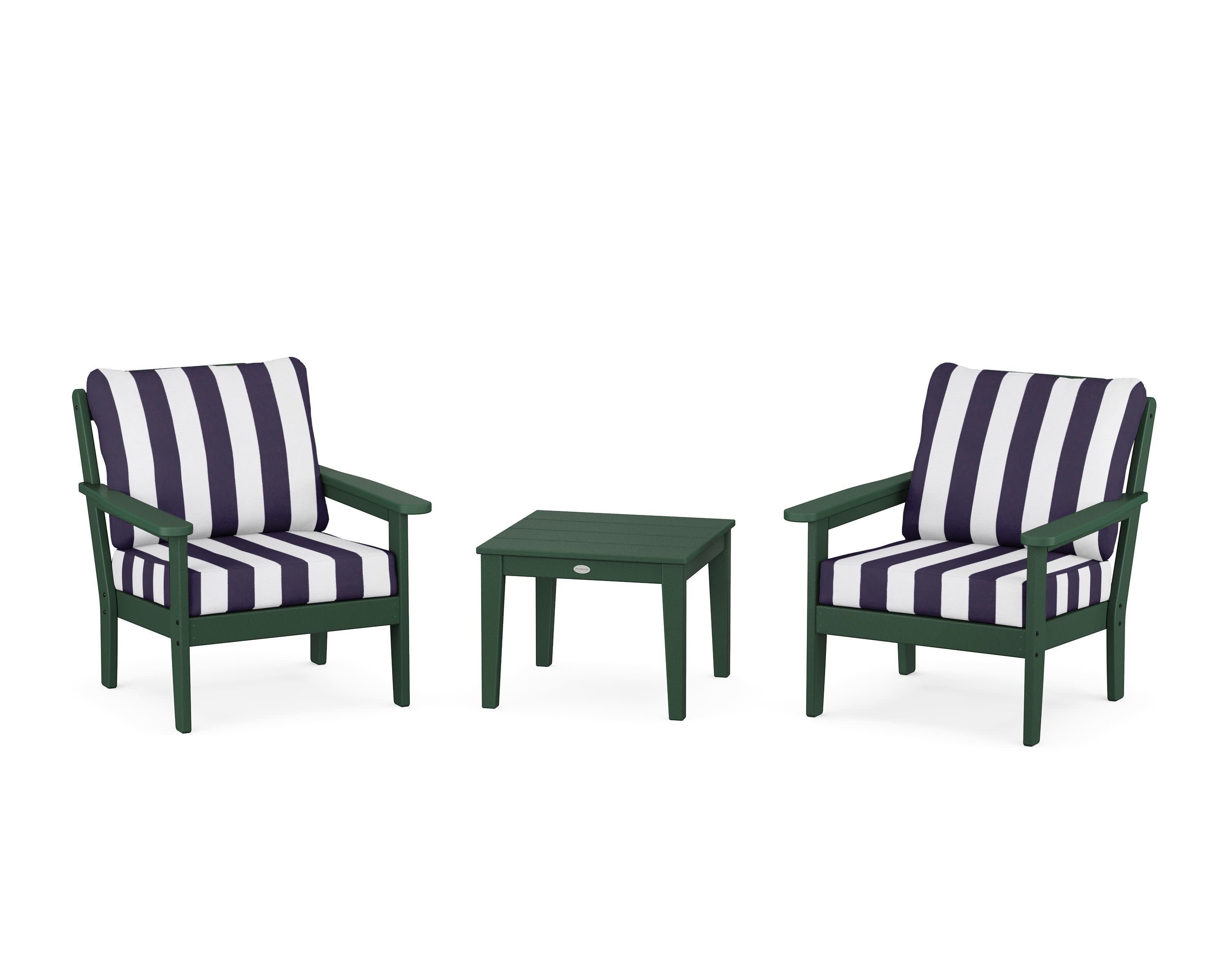 Cottage 3-Piece Deep Seating Set in Green / Cabana Stripe Navy