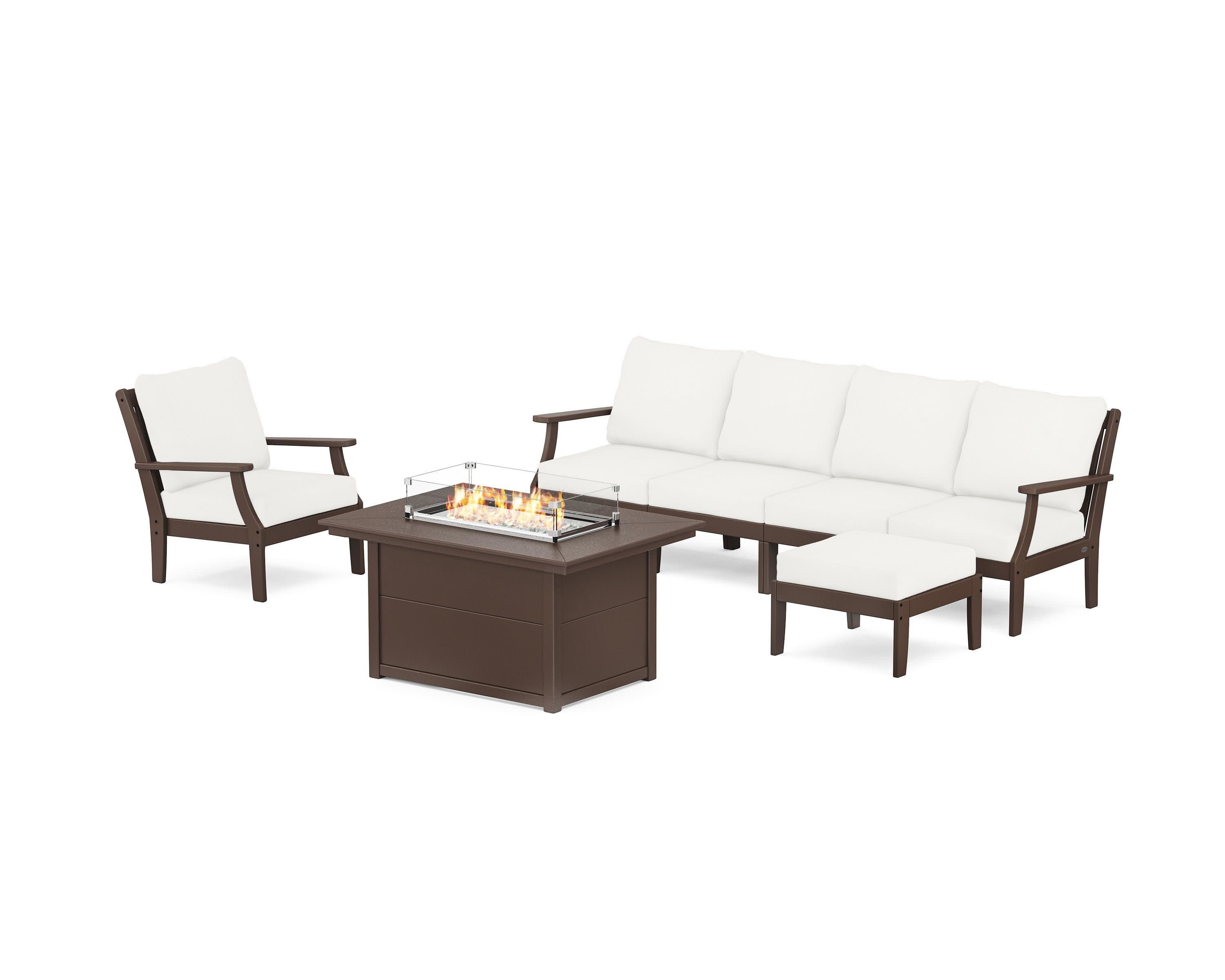 Braxton Sectional Lounge and Fire Pit Set in Mahogany / Natural Linen