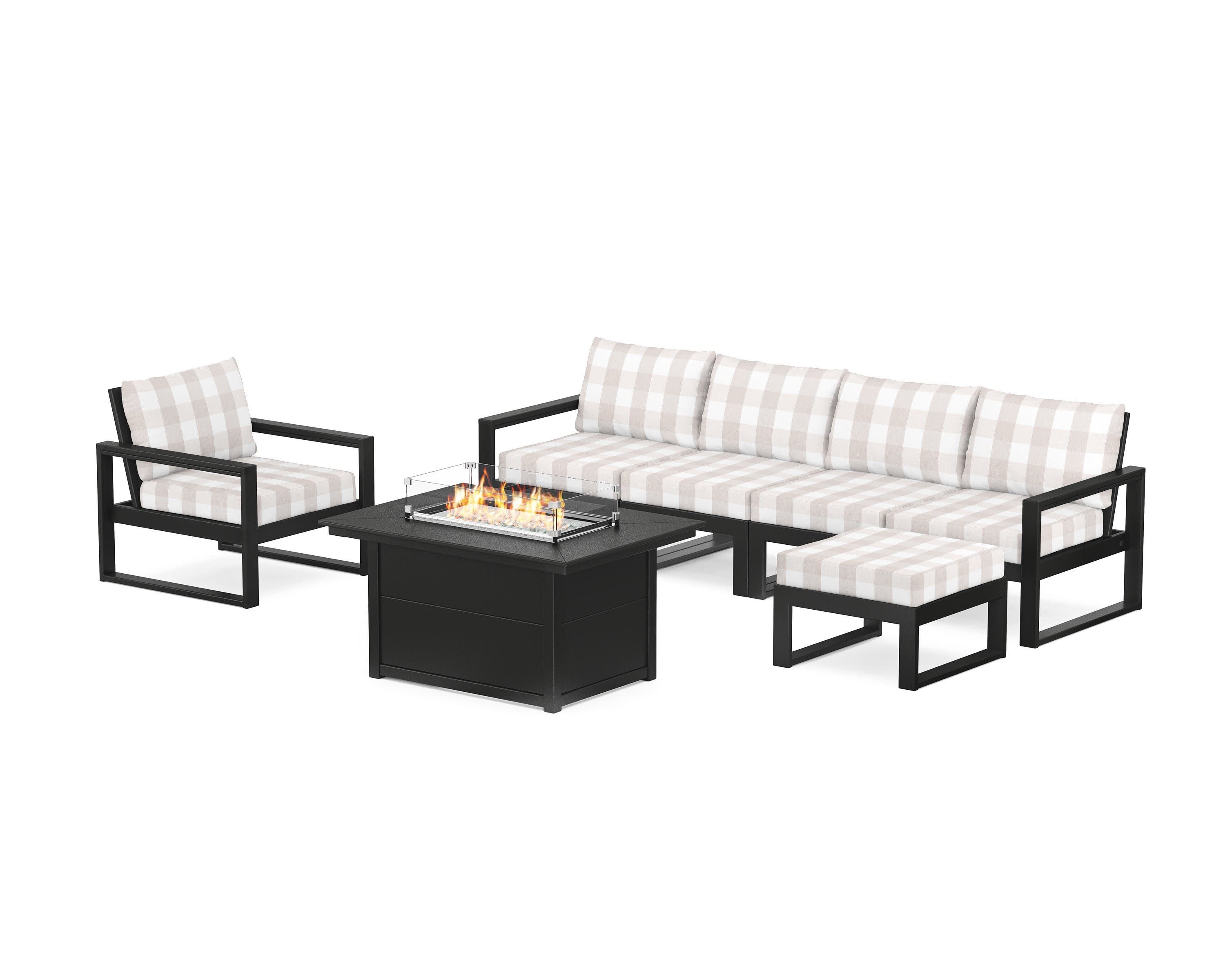 EDGE Sectional Lounge and Fire Pit Set in Black / Buffalo Plaid Dune Burlap