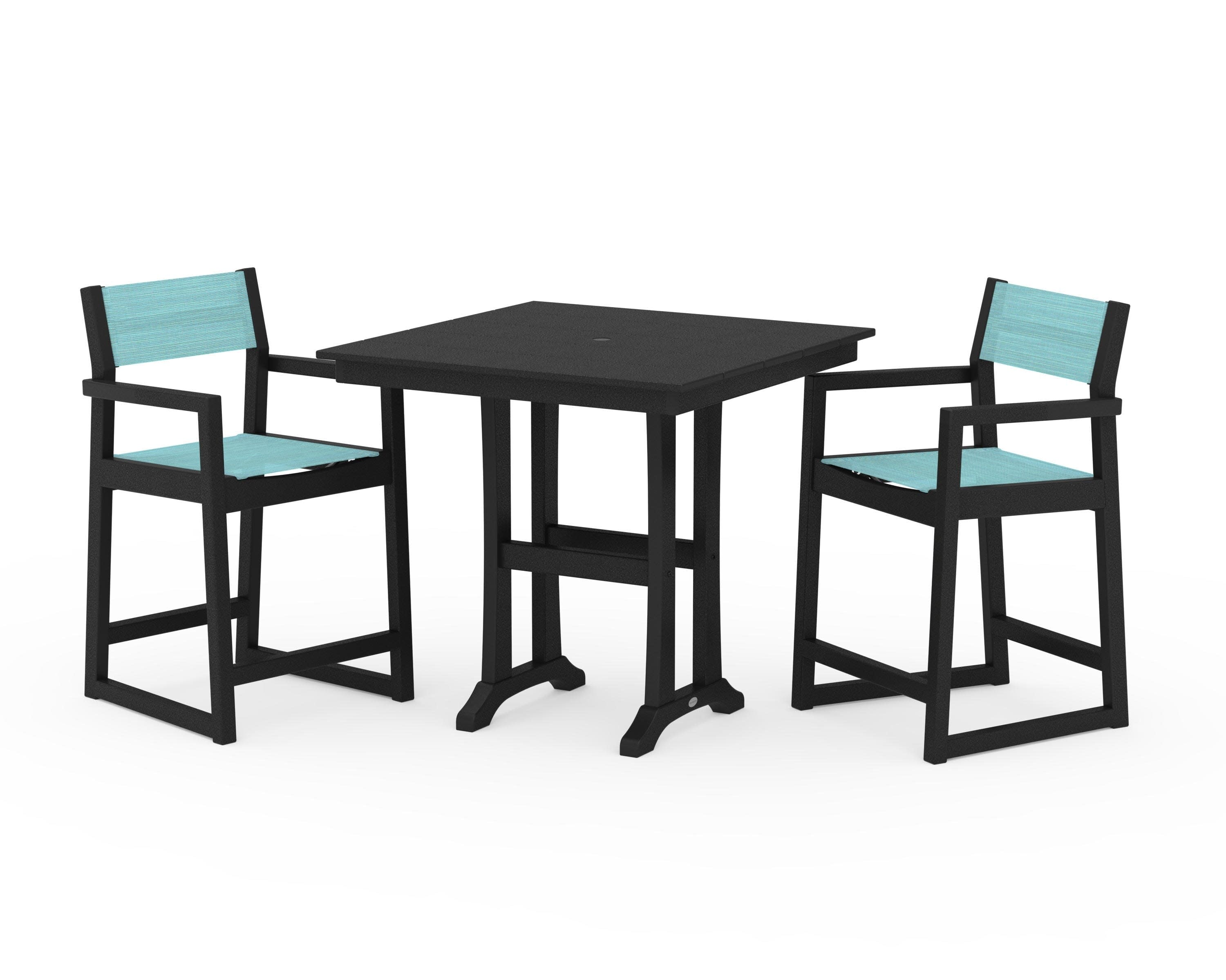 EDGE Sling Arm Chair 3-Piece Farmhouse Counter Set with Trestle Legs in Black / Dupioni Aquamarine Sling