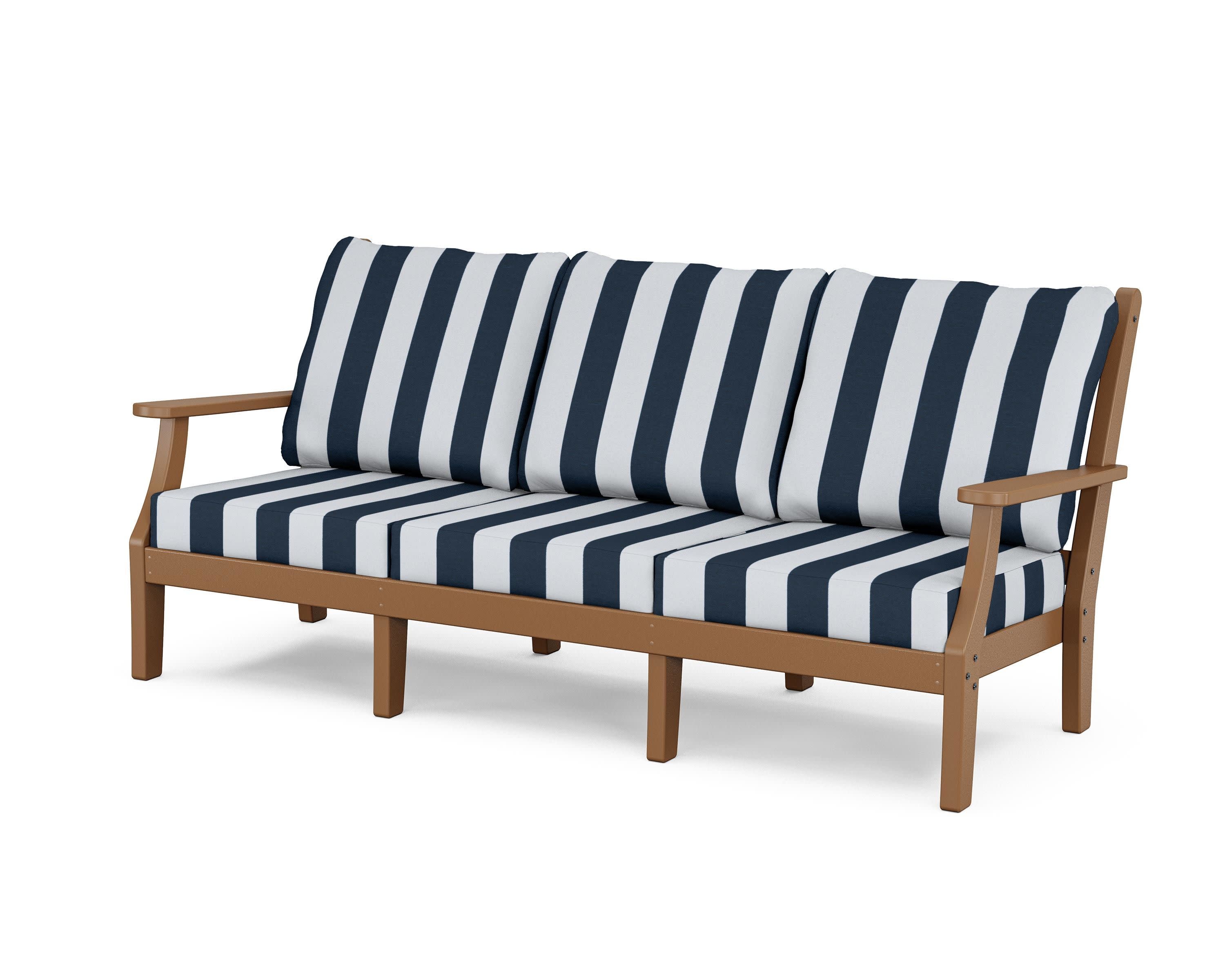 Wovendale Deep Seating Sofa in Teak / Cabana Stripe Marine Indigo