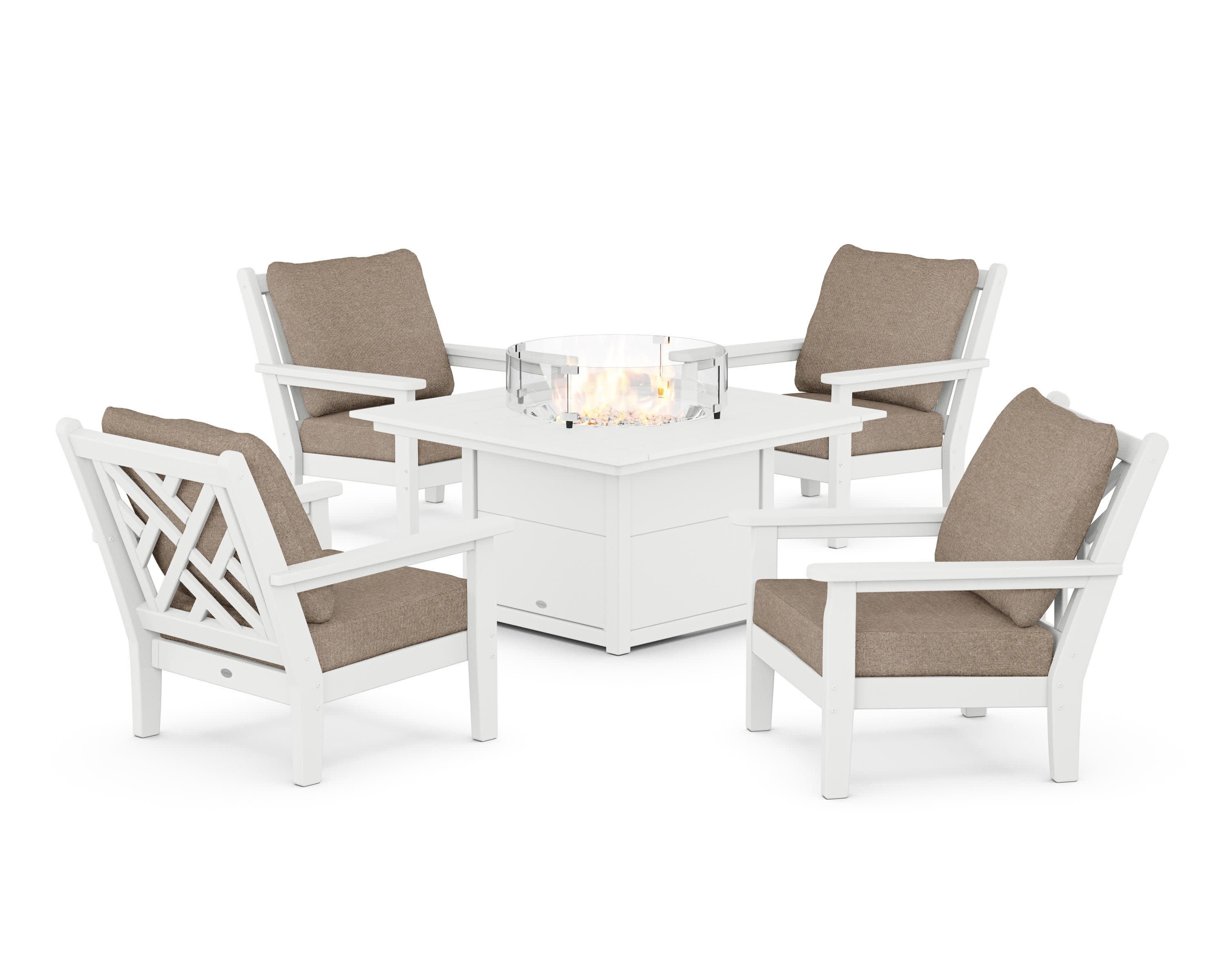 Chippendale 5-Piece Deep Seating Set with Fire Pit Table in White / Spiced Burlap