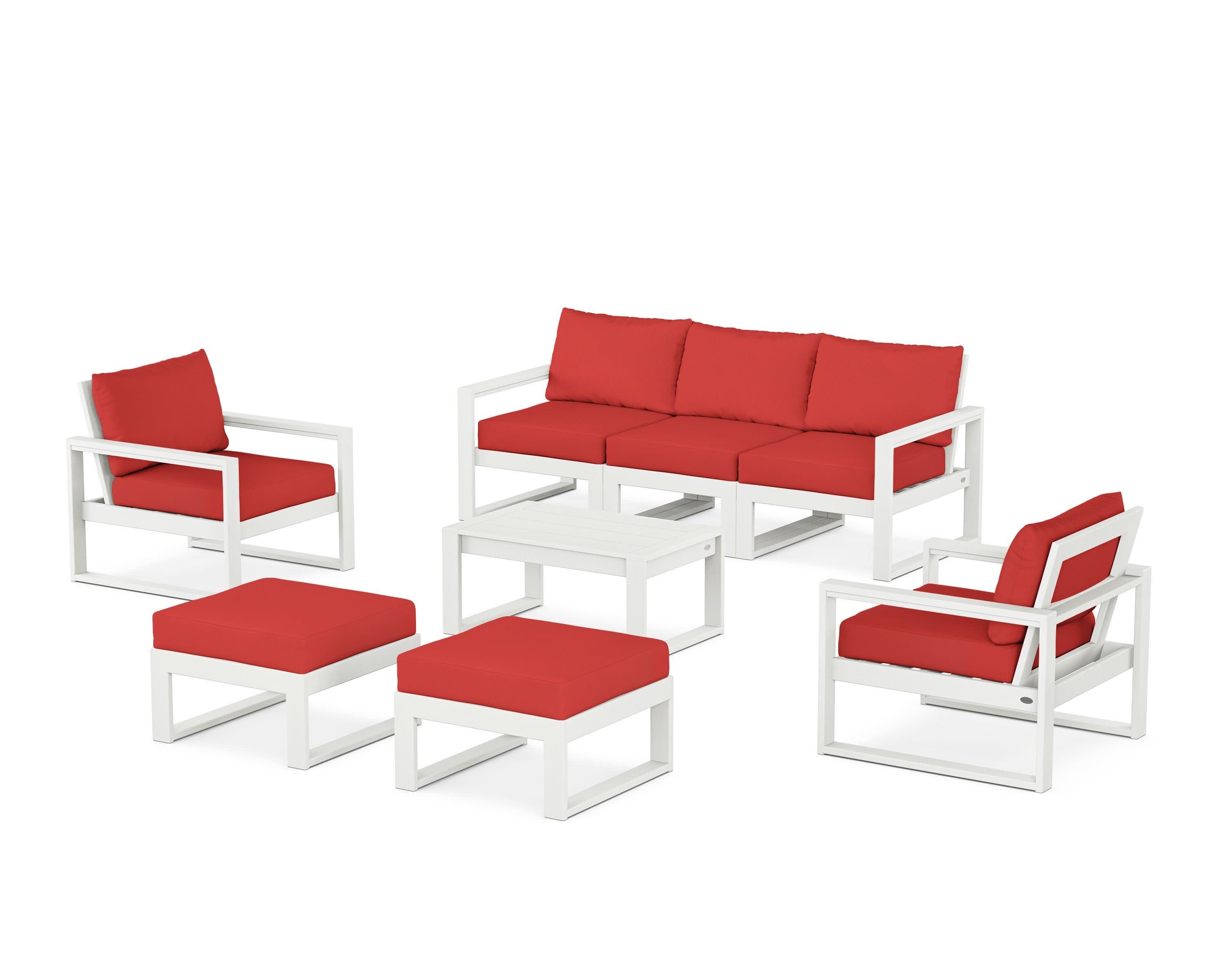 EDGE Sectional 8-Piece Lounge Sofa Set in Vintage White / Crimson Linen