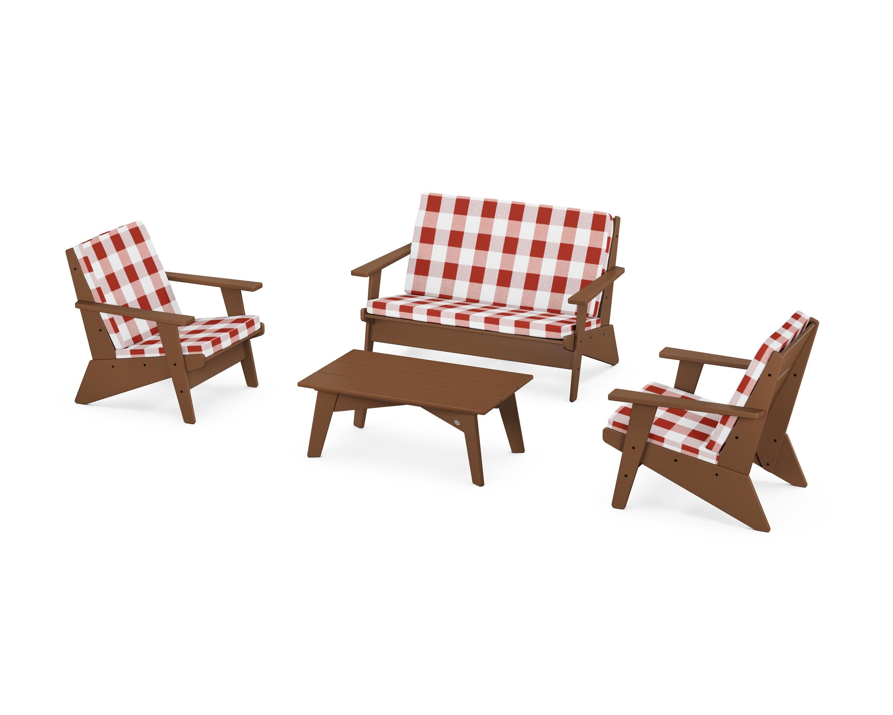Riviera Modern Lounge 4-Piece Set in Teak / Buffalo Plaid Crimson