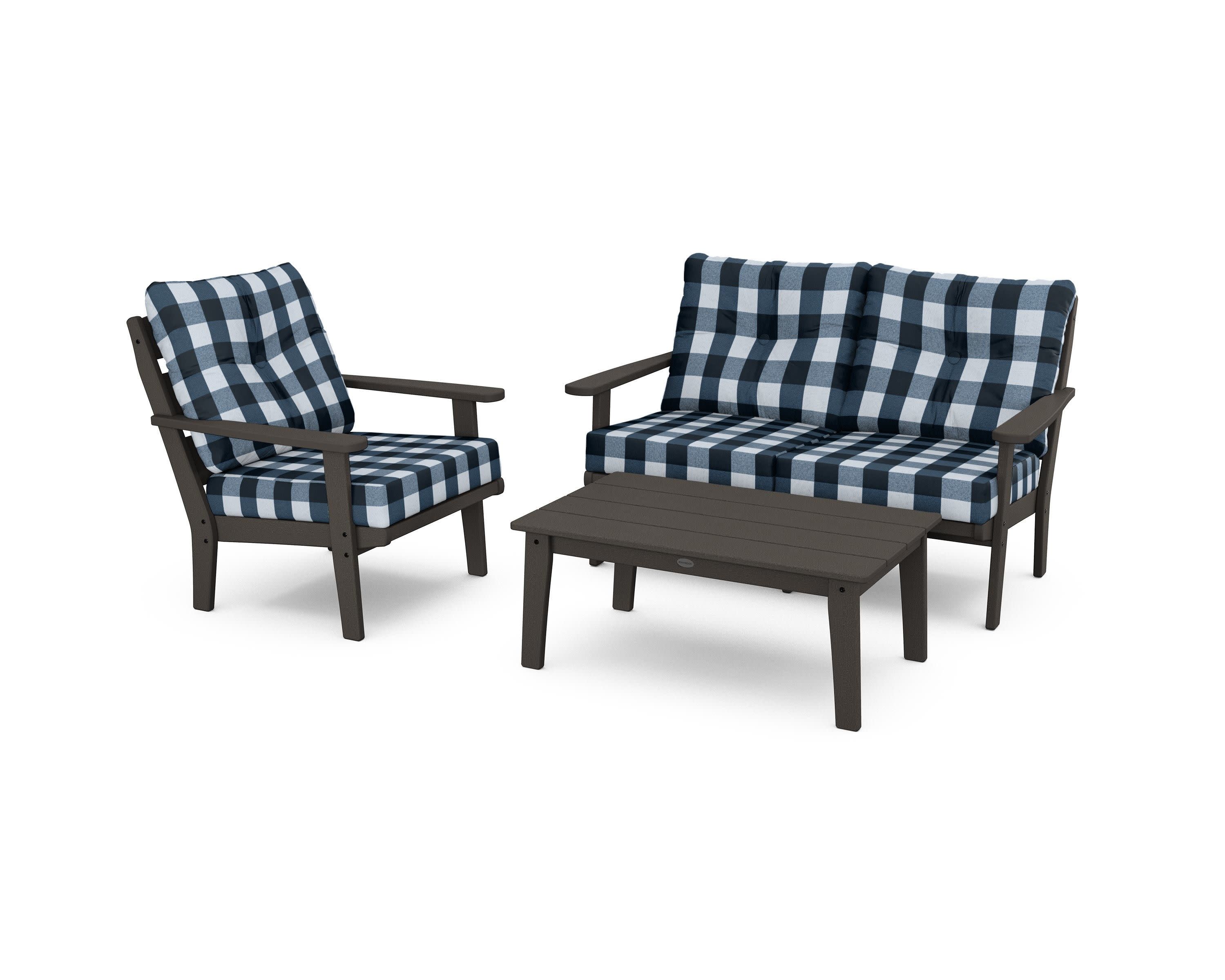 Lakeside 3-Piece Deep Seating Set in Vintage Coffee / Buffalo Plaid Marine Indigo