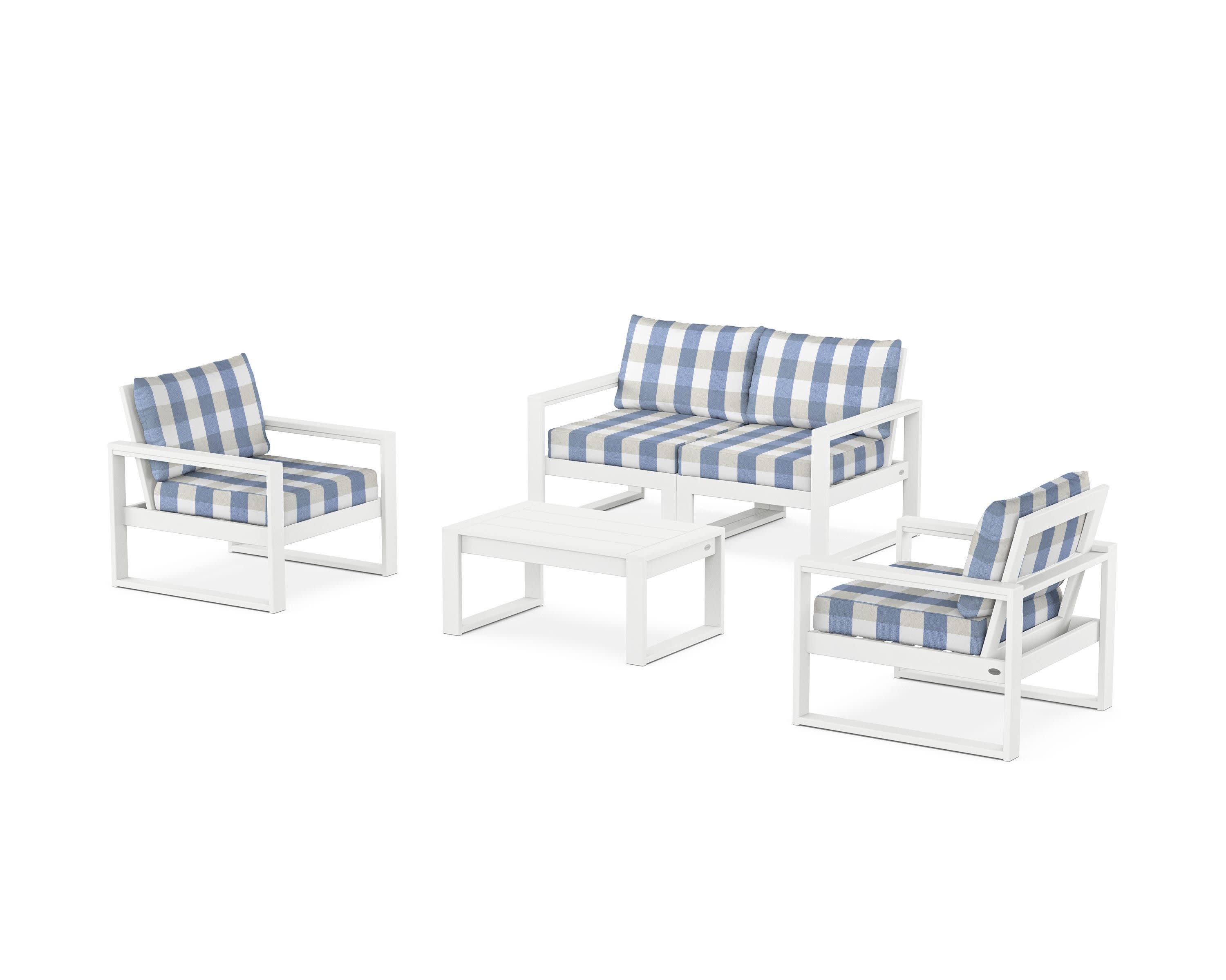 EDGE Sectional 4-Piece Deep Seating Set with Loveseat in White / Buffalo Plaid Sky Blue