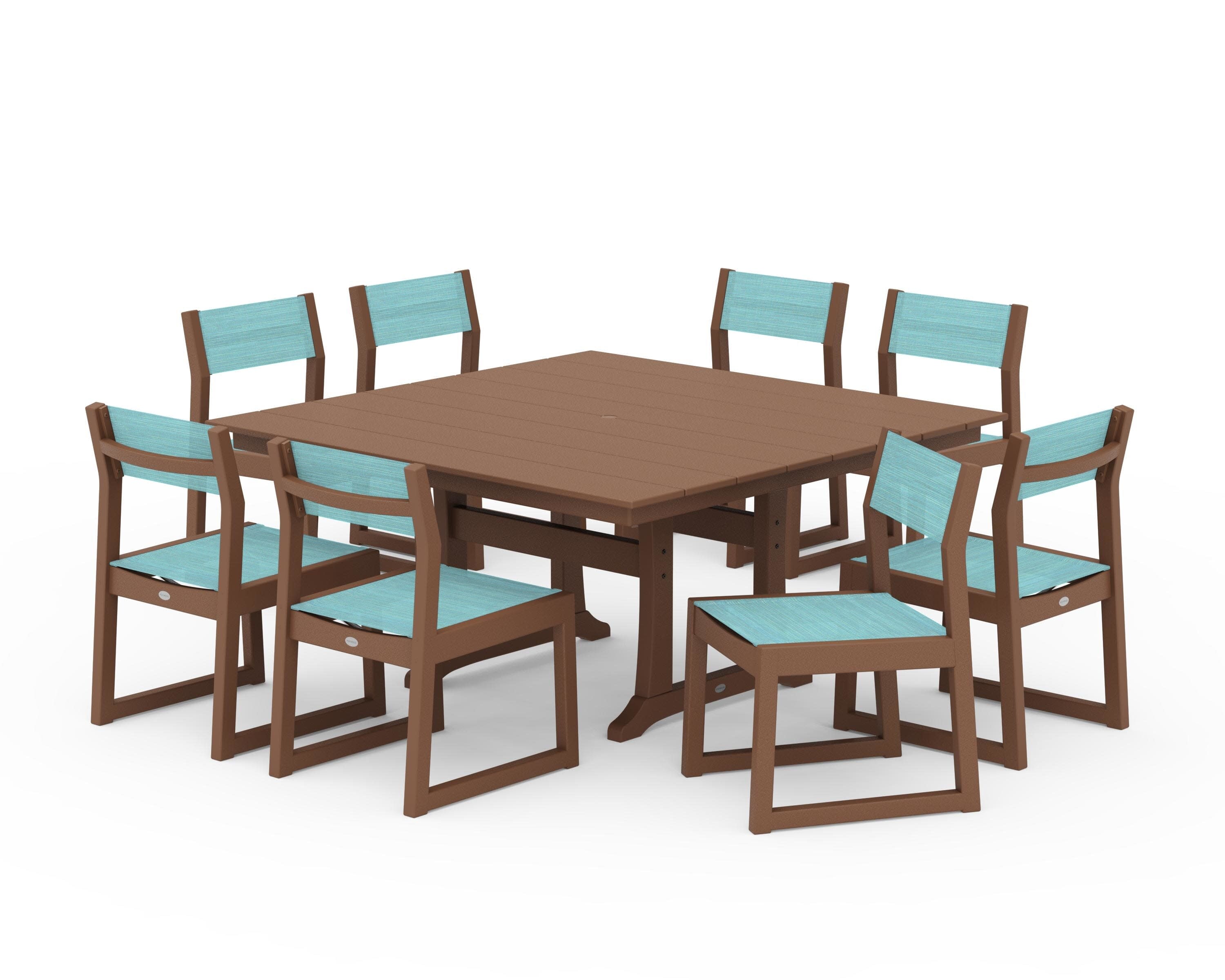EDGE Sling Side Chair 9-Piece Farmhouse Trestle Dining Set in Teak / Dupioni Aquamarine Sling